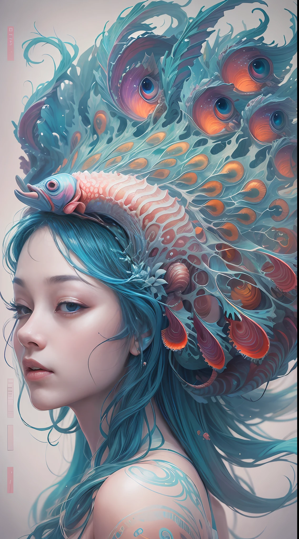 best qualtiy，tmasterpiece，超高分辨率，（photograph realistic：1.4），ultra-realistic realism，Dream-like，The beautiful blue-skinned goddess wears a phoenix peacock on her head, Nautilus, a betta fish，The creation of fantasy，Brain conch，Dream Conch，Biopunk Nautilus，Thrilling color scheme， ultra-realistic realism， abstracted， psychedelia,
