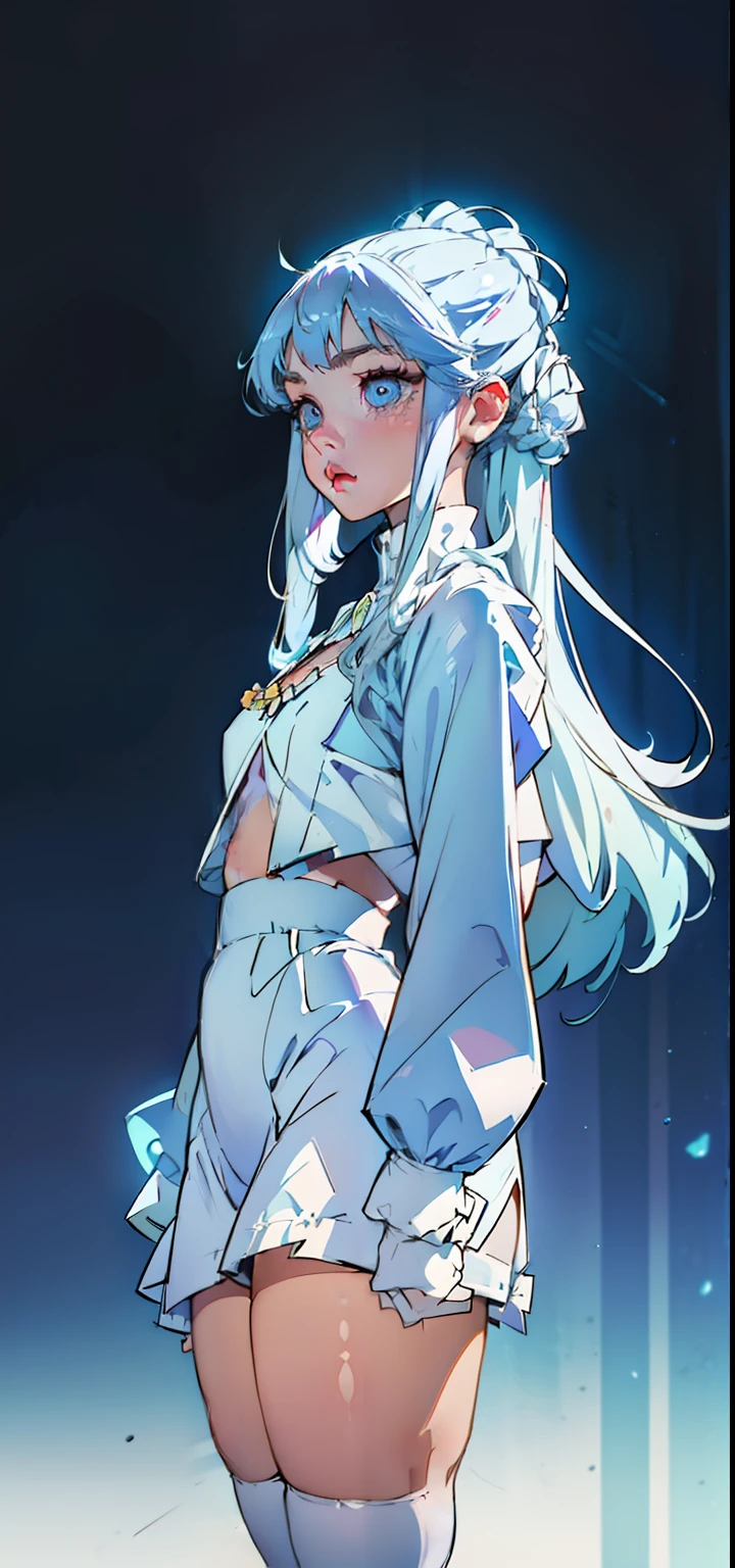 1 Girl, baby blue eyes, nose, eyebrow, ear, big white hair, blue hair locks, bangs, eye hair, sexy anime white rabbit outfit, big chest, thick legs, thick thigh, standing, scenery background, in a nightclub, colored lights, details in the environment, ultra detailed