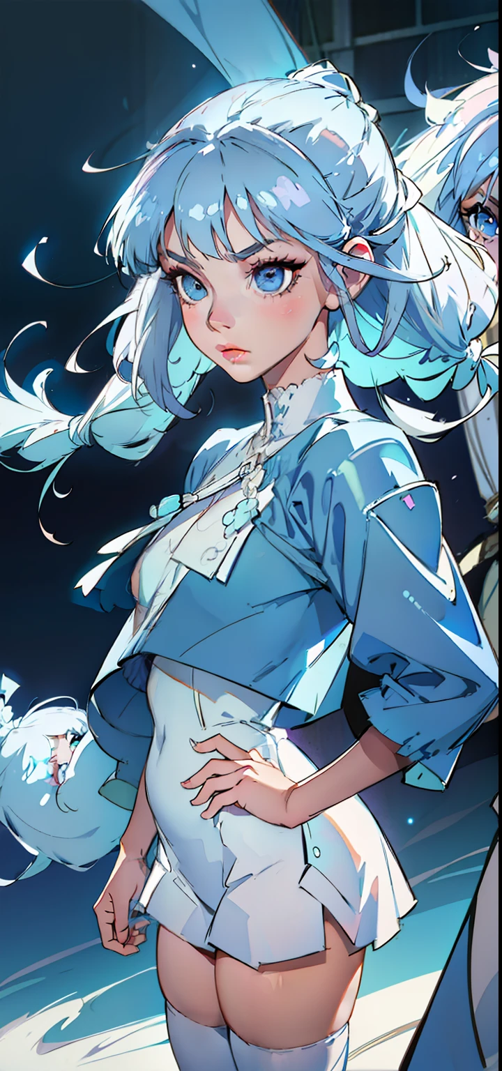 1 Girl, baby blue eyes, nose, eyebrow, ear, big white hair, blue hair locks, bangs, eye hair, sexy anime white rabbit outfit, big chest, thick legs, thick thigh, standing, scenery background, in a nightclub, colored lights, details in the environment, ultra detailed