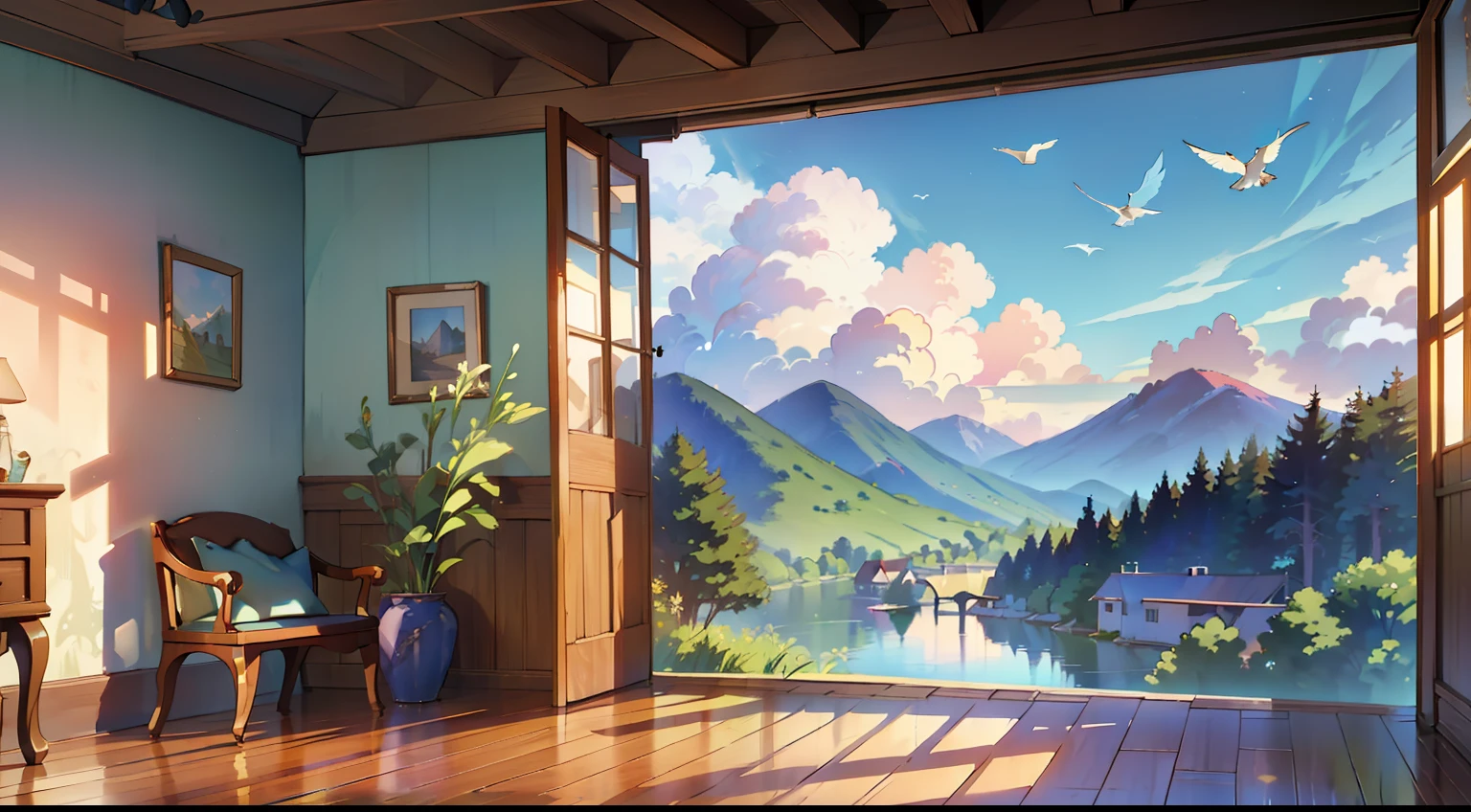 with no people、wooden、inside in room、Benches、Large window、(8K、top-quality、​masterpiece:1.2)、(realisitic、Photoreal:1.37The blue sky is beautiful、Hordes of birds、Birds are flying,Fantastical、ren、Beautiful fece、the morning sun、landscapes、Professional Writing、Photon mapping、physically-based renderingt、wide Shots、