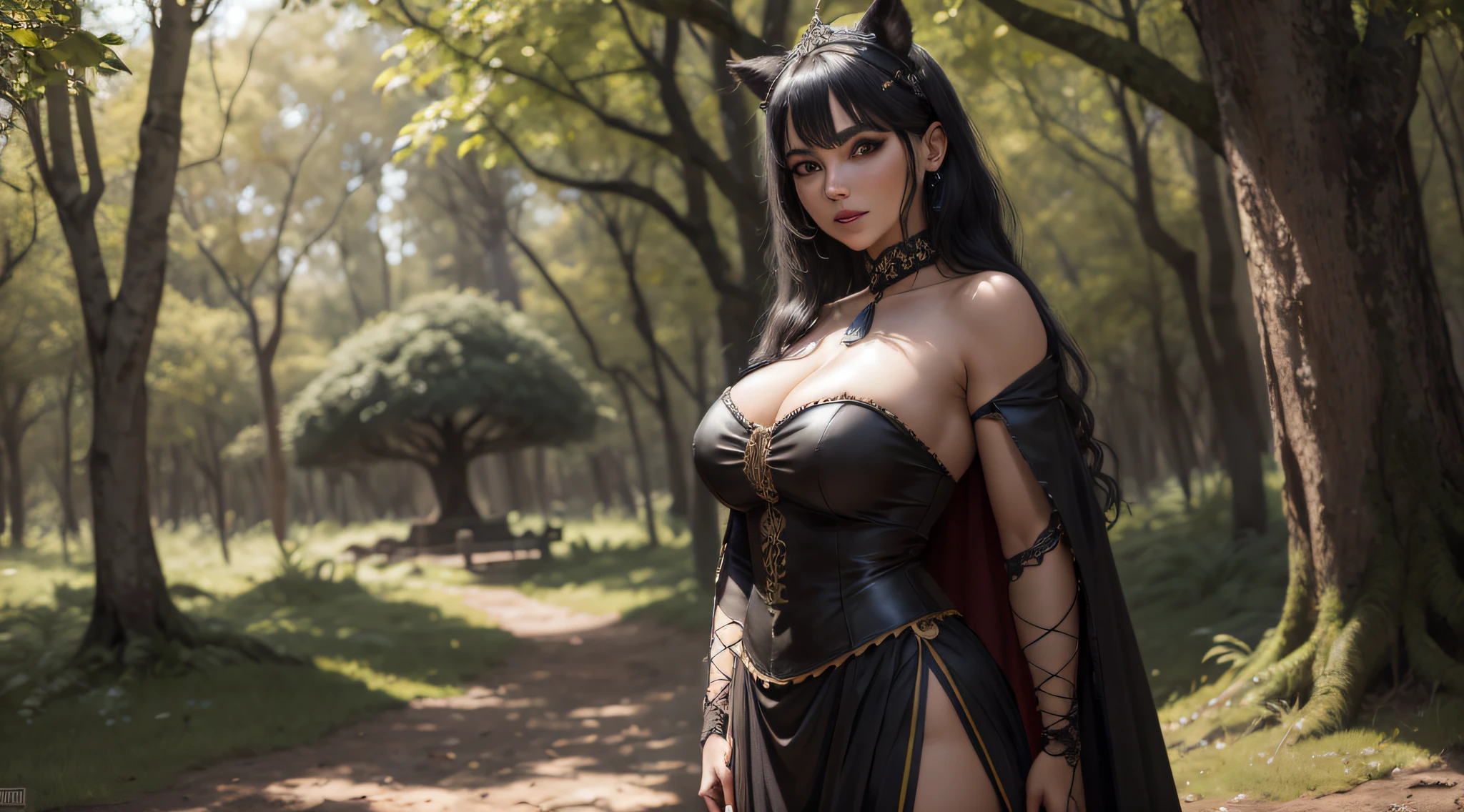 4K, realista, charismatic, muy detallada, hay una chica en un bosque, de noche, con traje de guerrera medieval, cabello largo, 25-years old, upper body, big tits, solo