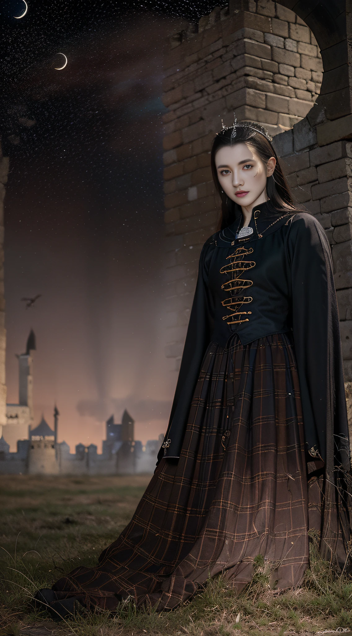 Retrato de Dracula, colmillos, grandes, capa, The most terrifying in the world, ( :1.6),(pale-skin), (De color, recargado, Traje de Dracula oscuro), ( sangre en los colmillos), cuerpo completo, seguro, desafiante, (noche oscura :1.3), (Estrellas), (luna), (( Entorno medieval al aire libre :1.6)), (( castillo :1.5)), Muros detallados, Professional photograph of a stunning detailed man, foco nítido, dramatic, Galardonado, cinematography lighting, DTX volumetry, (Film grain, fondo borroso, primer plano borroso, Bokeh, Profundidad de campo, Noche, interaction), (Obra maestra), (extremadamente intrincado:1.3), (realista)