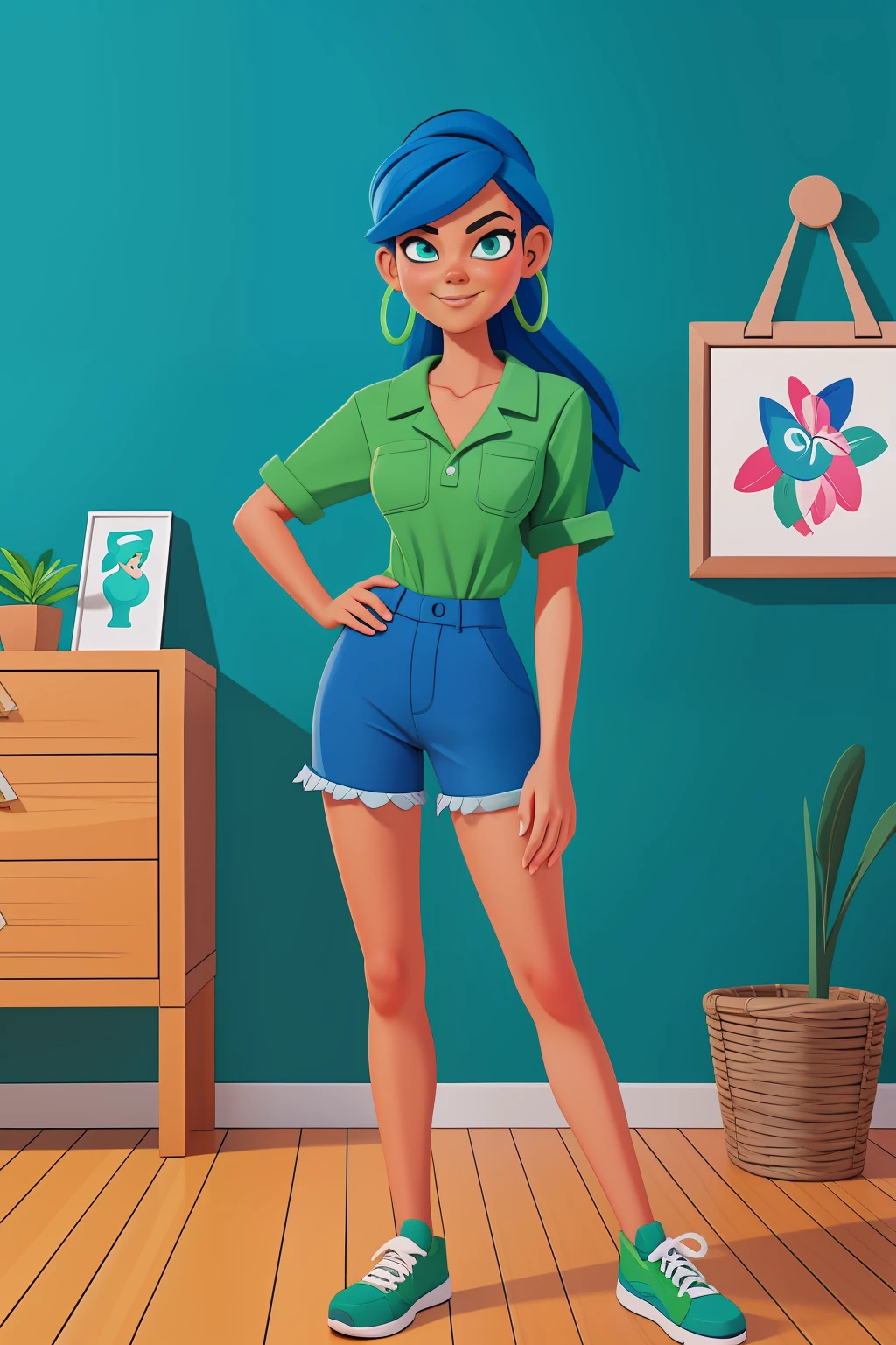 Cartoon woman in green shirt and blue shorts standing in the room, detailing. Digital Painting, detailed 2d illustration, colorfull illustration, colorfull illustration, cartoon digital painting, 2d digital illustration, 2d illustration, 2 d illustration, digital cartoon painting art, inspired by Cyril Rolando, ProCreate illustration, Digital 2D illustration