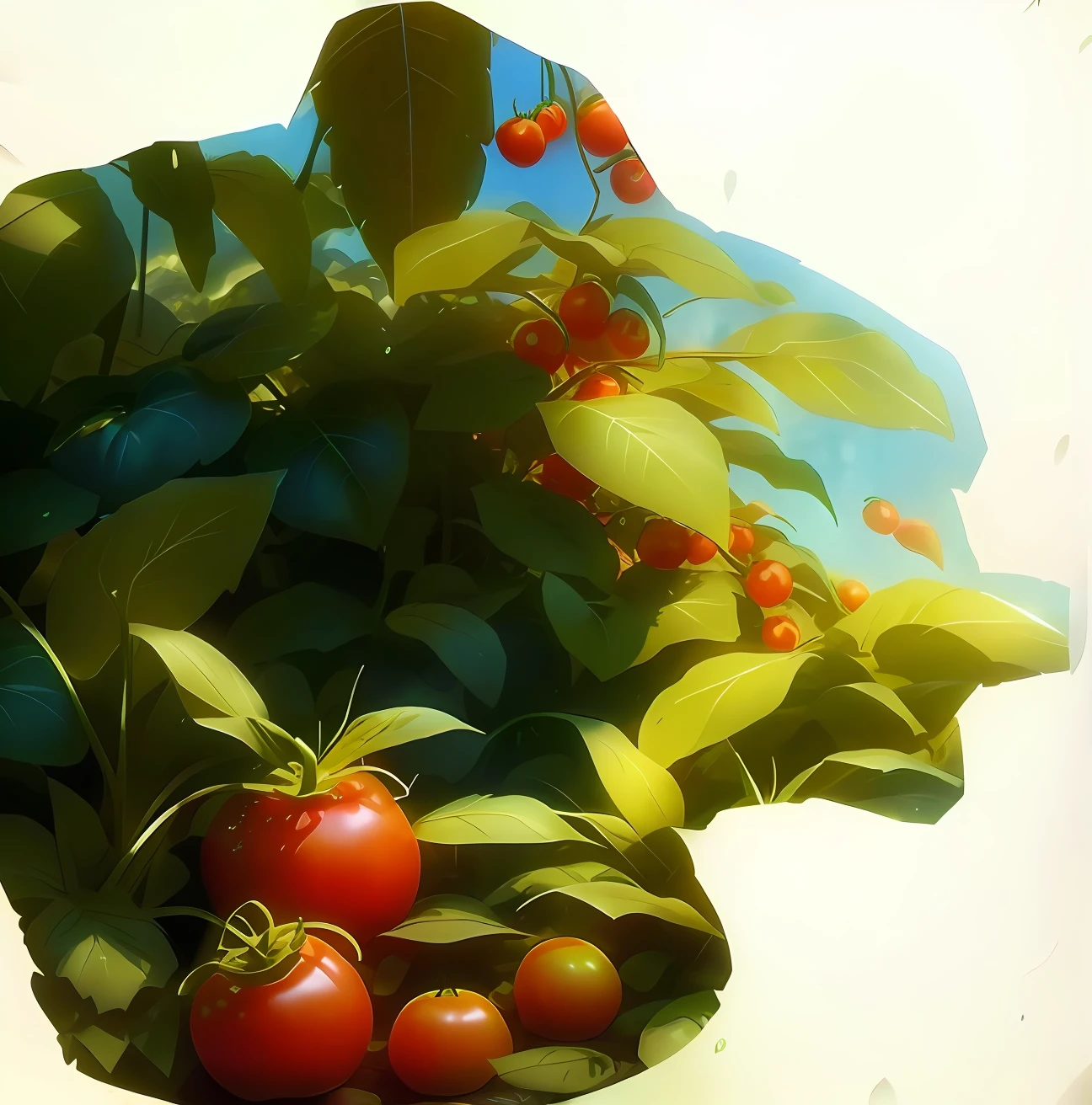 Tomatoes hang on green delicate tomato seedlings,8K, Still life photography, (The best quality), (The best shadow), With a natural element theme. (nature elements), (Jungle theme) Isometric 3D, Octane rendering,ultra - detailed