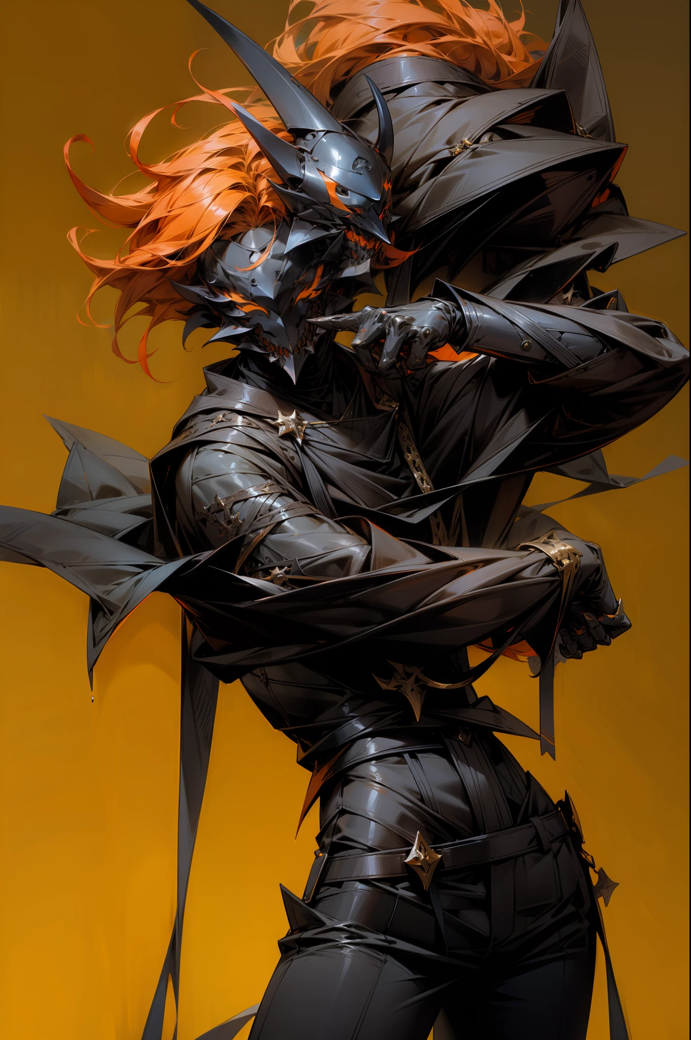 pure black creature using a devil mask with short orange hair using human clothes, male gender