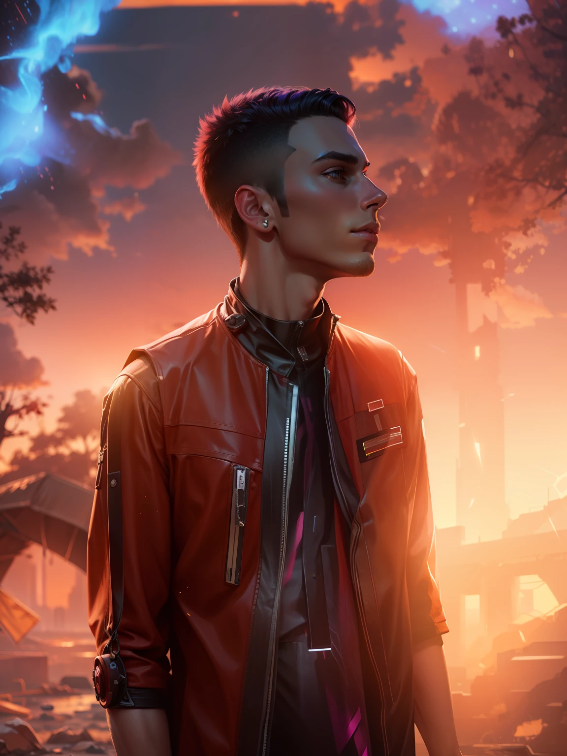 change background sunset cyberpunk handsome boy ultra realistic 8k 4k