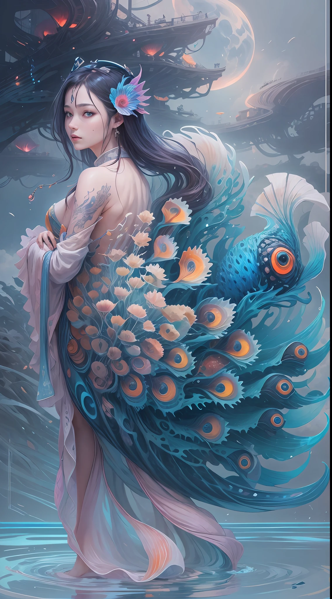 best qualtiy，tmasterpiece，超高分辨率，（photograph realistic：1.4），ultra-realistic realism，Dream-like，The beautiful blue-skinned goddess wears a phoenix peacock on her head, Nautilus, a betta fish，The creation of fantasy，Brain conch，Dream Conch，Biopunk Nautilus，Thrilling color scheme， ultra-realistic realism， abstracted， psychedelia,