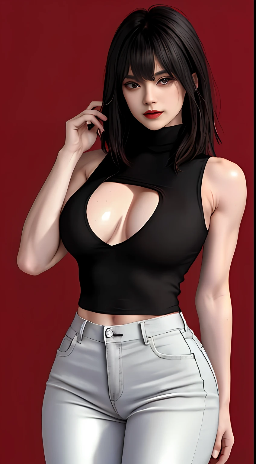 Girls, Bangs, Bare Shoulders, Black Pants, Breasts, Breasts squeezed together, Grey background, Hair between the eyes, Huge breasts, Long hair, View Viewer, Pants, Parted lips, Red eyes, Shirt, Simple background, Sleeveless, Sleeveless shirt, Solo, Turtleneck, V arm, White hair,(Shiny skin),(Masterpiece:1.4),(Best quality:1.4),,Facigirl,Red lips,Perfect abs, Navel, (nipple: 1.5), (sheer areola), nipple, huge, sweat, whole body