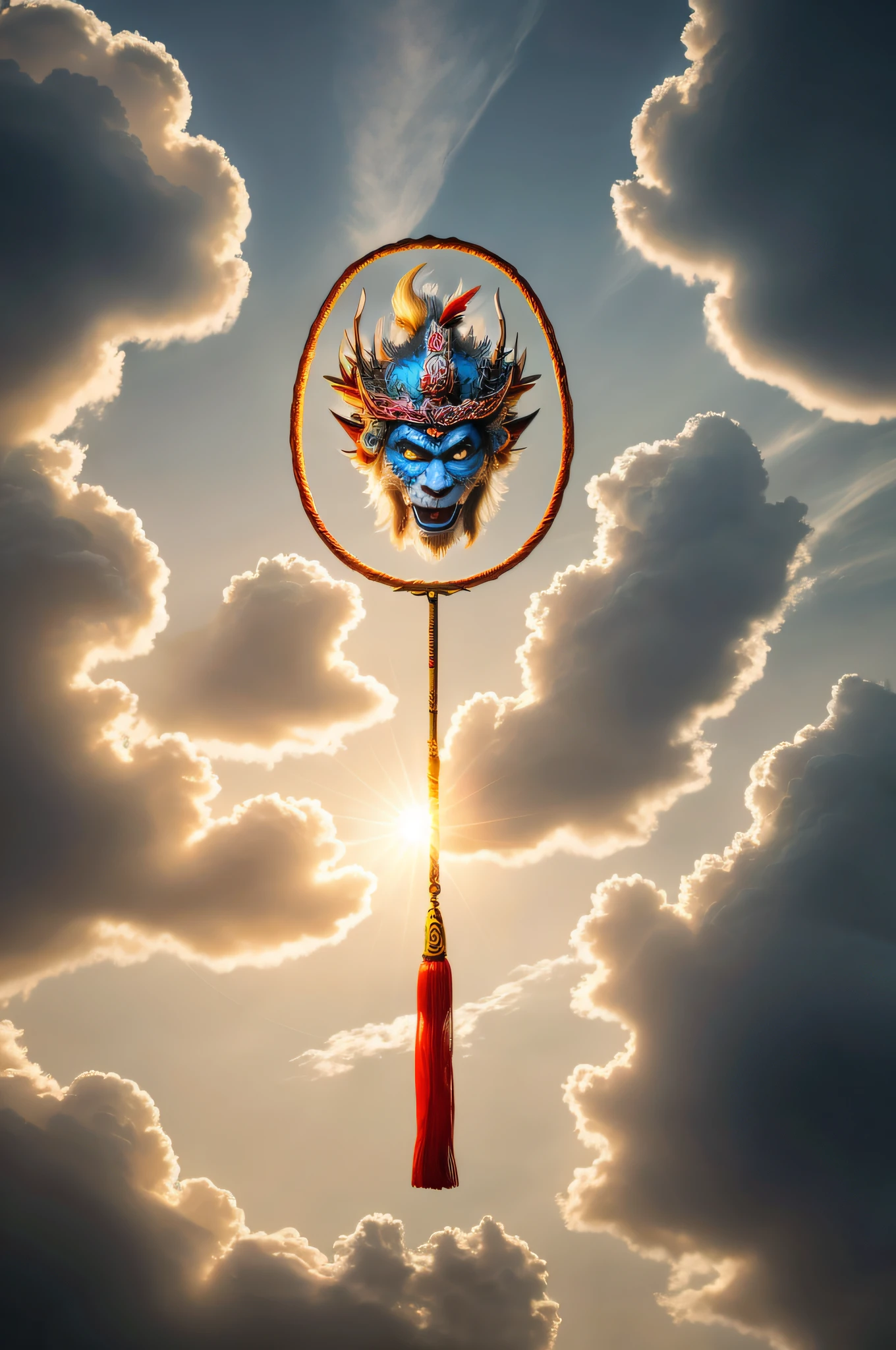 sun_wukong, Beijing opera,glowing eyes, fly in sky,clouds masterpiece, best quality,chinese dragon,fighting between dragon and sun_wukong,
