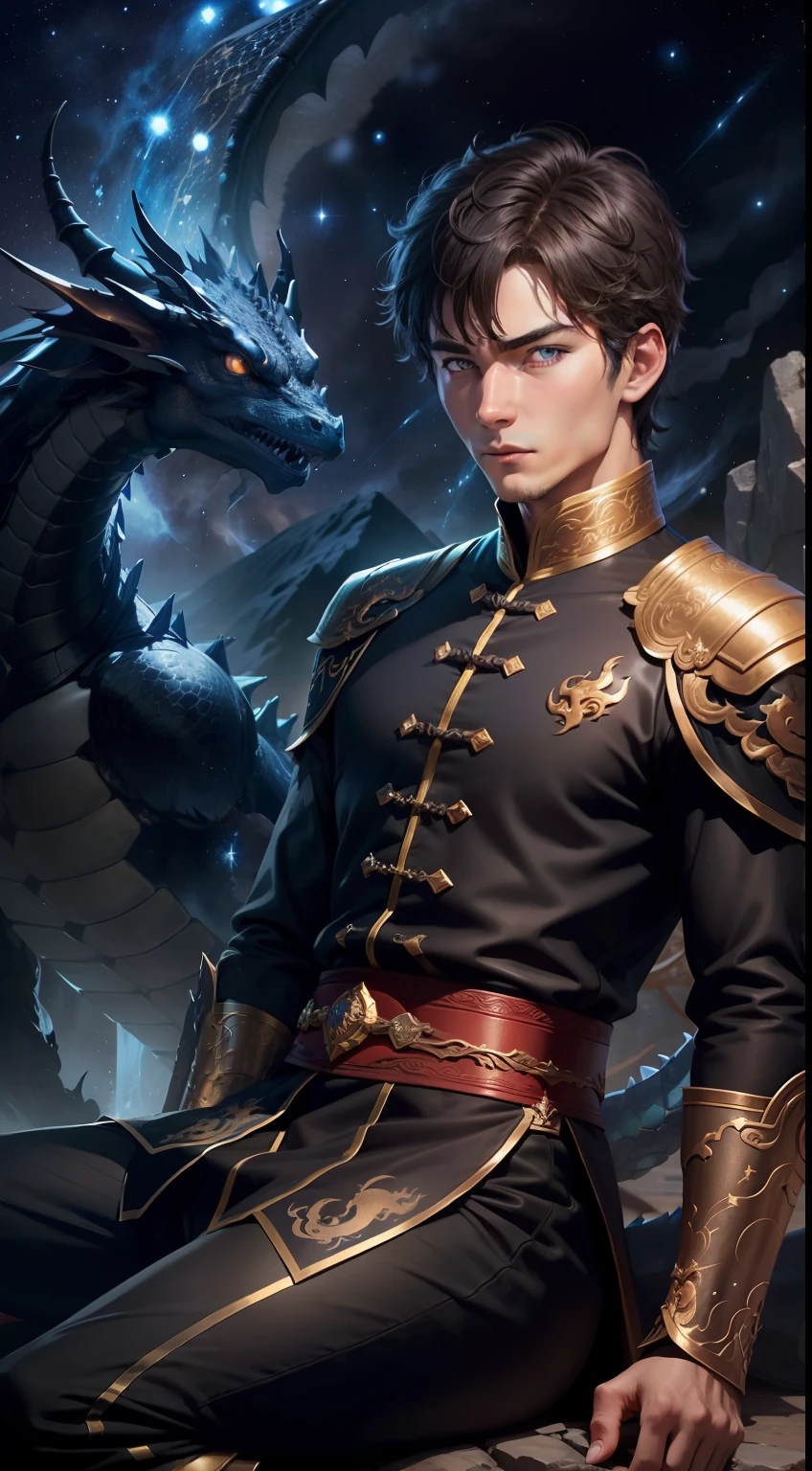 A man with short brown hair, blue eyes and a black kung fu uniform and a black dragon behind him, the boy is circled by a black aura and is sitting looking at the stars on the mountain; ((Dragon constellation)) ((noit estreladas))
