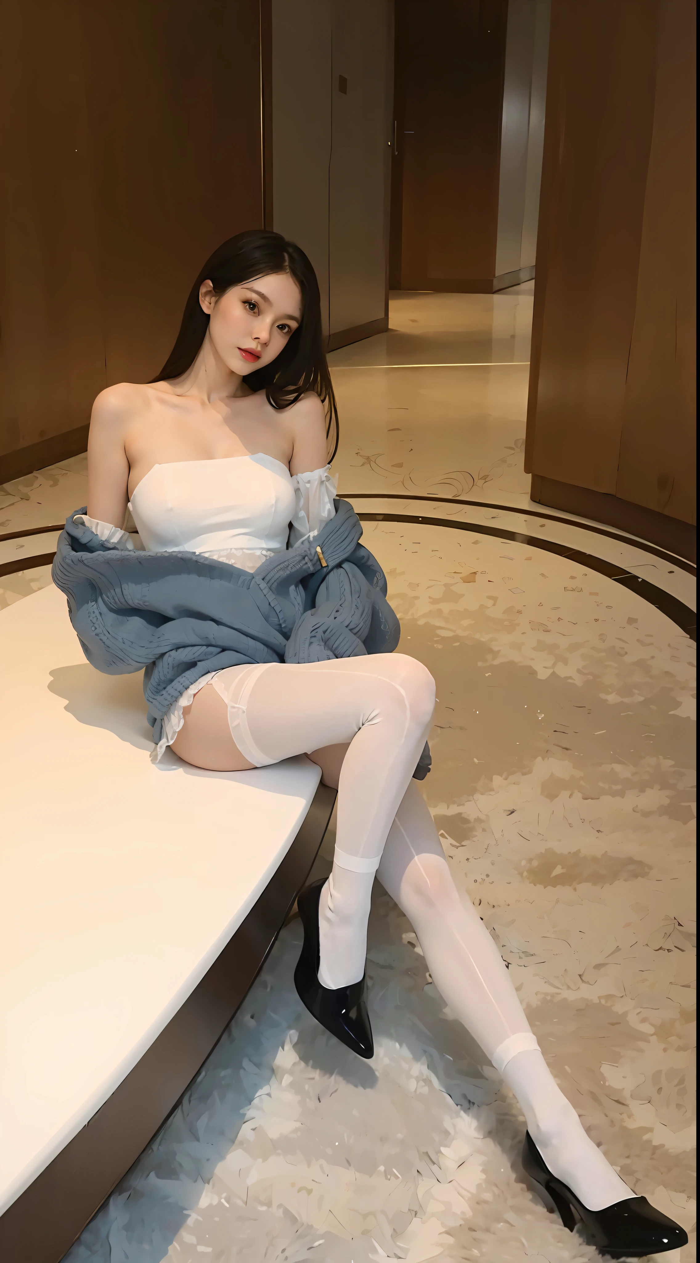 there is a woman sitting on a bench in a room, Smooth translucent white skin, smooth white tight clothes suit, White tights, pantyhose tights, Full length and white stockings, Wearing white tights, nylon tights, photo of slim girl, White stockings, wearing translucent sheet, iridescent shiny sheer lingerie, photo of slim girl model, Sexy girl, Translucent white skin
