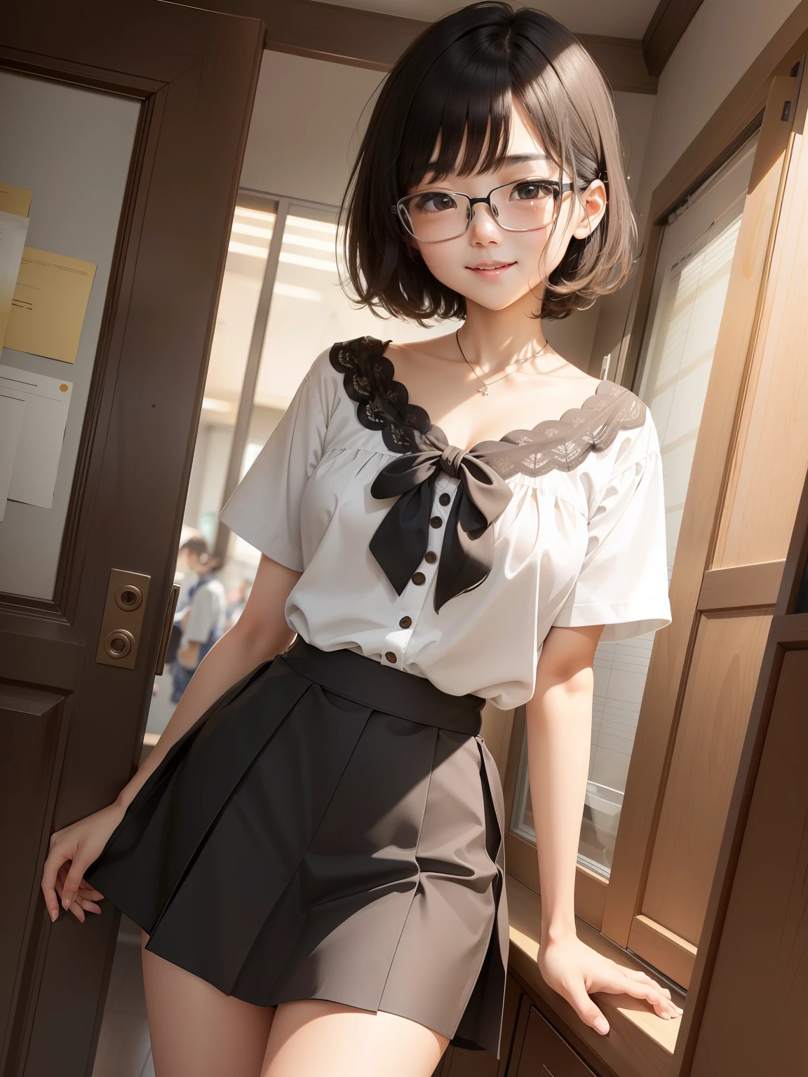 (girl with、独奏、a 、A dark-haired、short-hair、straight haired、hair adornments、Light brown eyes、A smile、wearing black glasses、small tits、cute face)、masterpiece、best qualtiy、ultra-detailliert、illustratio、White blouse with lace、see -through、a miniskirt、FULL BODYSHOT