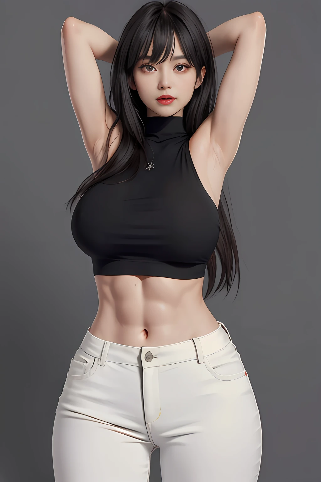 Girls, Bangs, Bare Shoulders, Black Pants, Breasts, Breasts squeezed together, Grey background, Hair between the eyes, Huge breasts, Long hair, View Viewer, Pants, Parted lips, Red eyes, Shirt, Simple background, Sleeveless, Sleeveless shirt, Solo, Turtleneck, V arm, White hair,(Shiny skin),(Masterpiece:1.4),(Best quality:1.4),,Facigirl,Red lips,Perfect abs, Navel, (nipple: 1.5), (sheer areola), nipple, huge, sweat, whole body