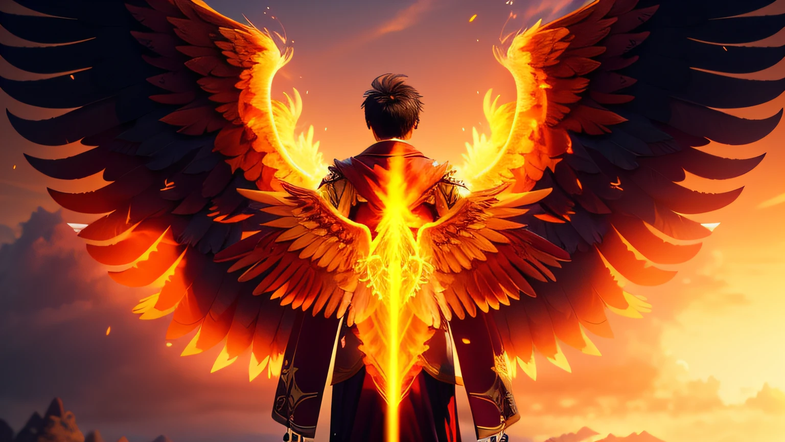 There is a man standing with wings on a hill, com asas douradas ardentes, com asas douradas ardentes de chama, epic angel wings, estilo fantasia 8 k octane render, Unreal Engine 5 Arte Digital, ''wallpaper of a phoenix, phoenix rising from the ashes, asas em chamas, motor unreal 5", Asas brancas, phoenix rising, Asas feitas de luz, asas resplandecente