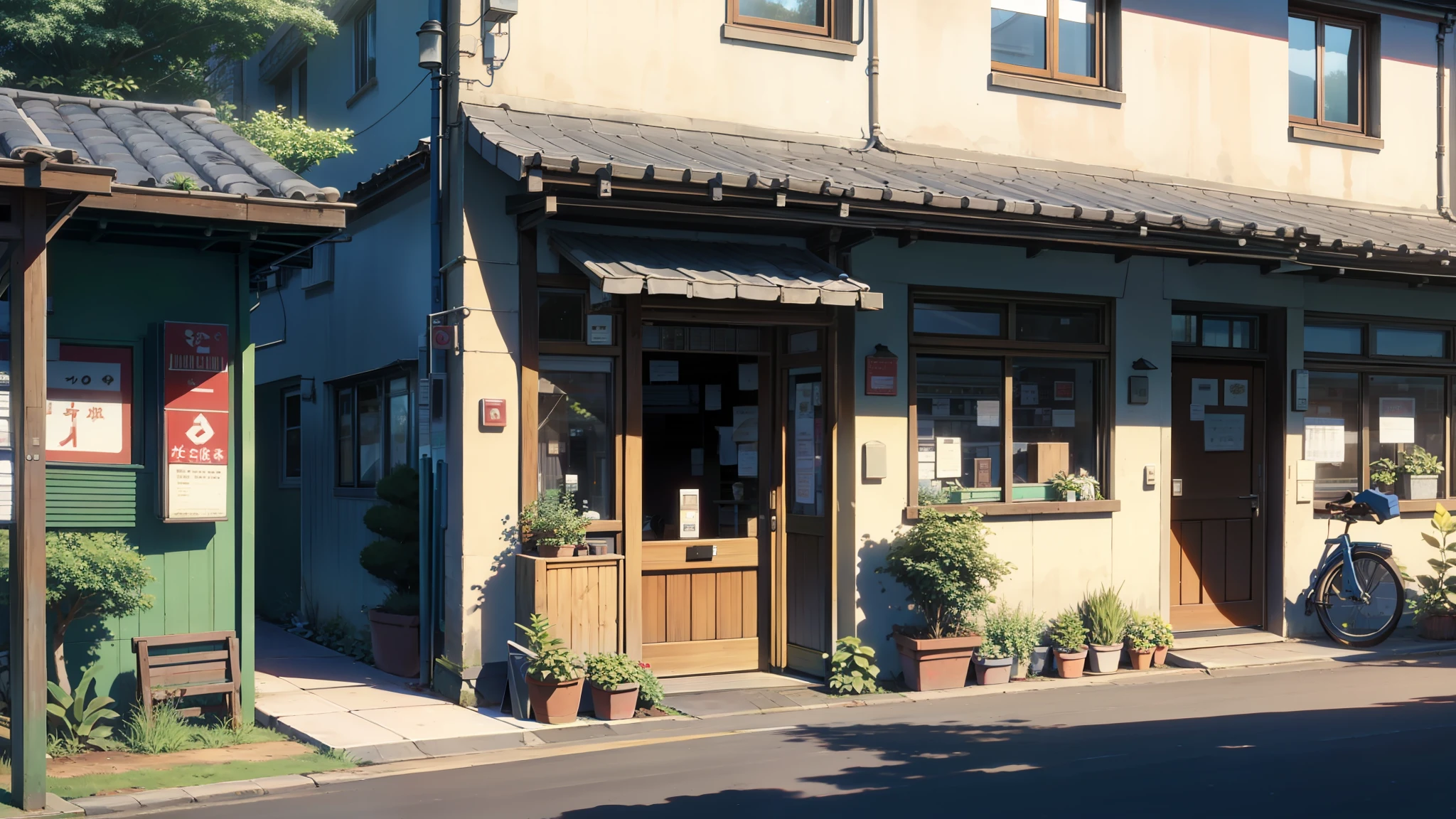 By the road,On both sides are shops,A few small trees in front of the door