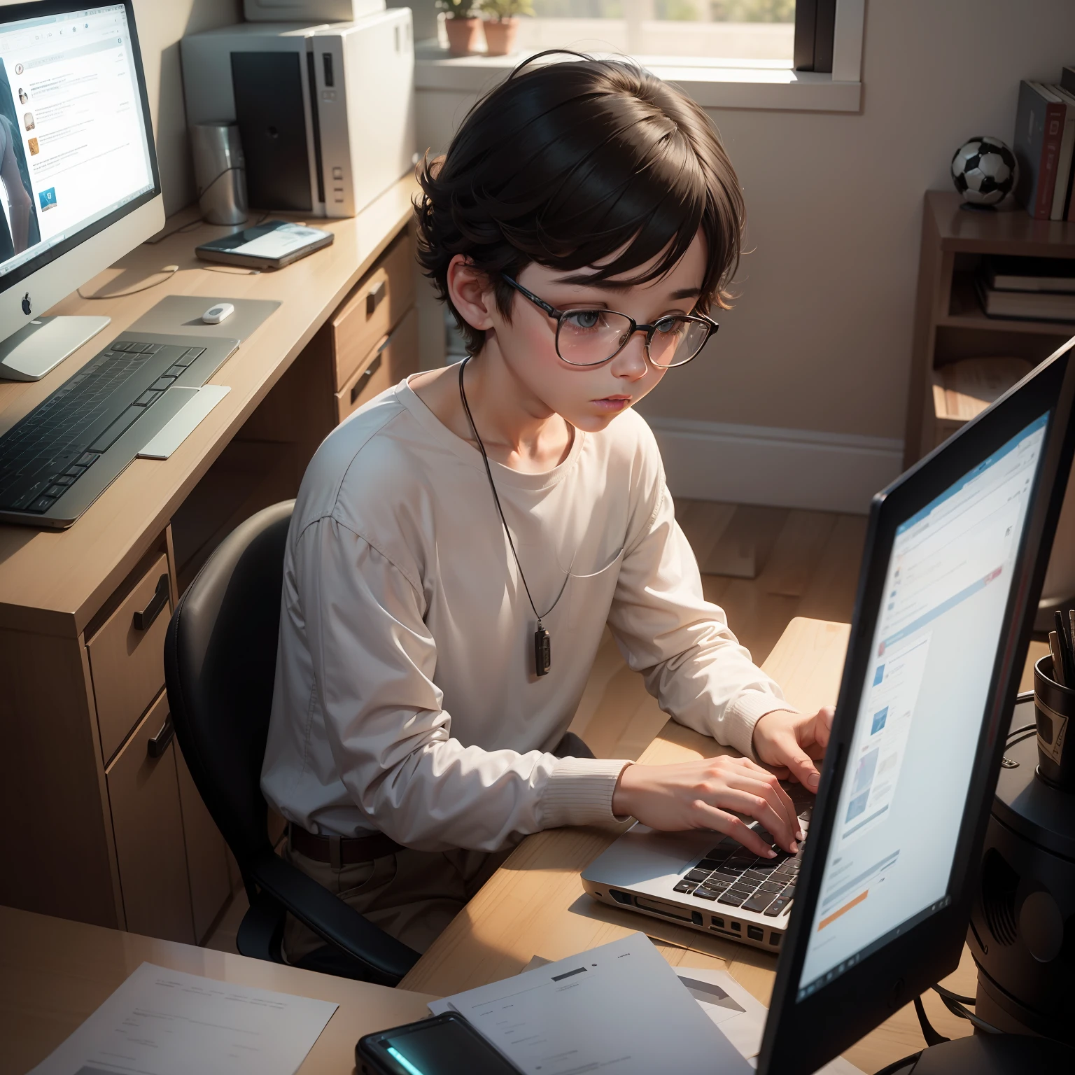 A Boy, Watch her computer , treding, reading