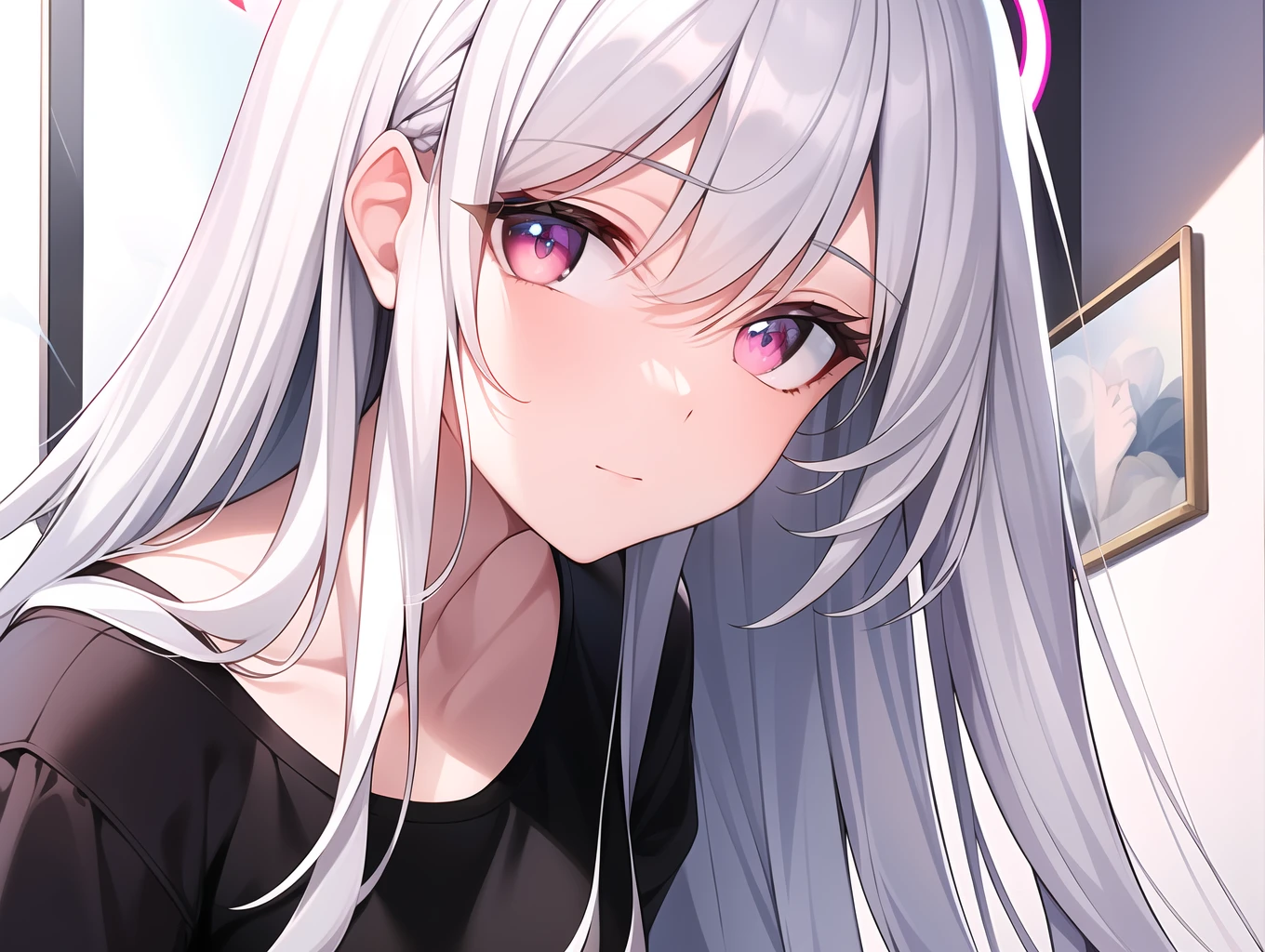 ((Masterpiece, Best quality))++, Detailed light+, Detail hair+, detail hand+ ,1girll, woman, Long hair, Crimson eyes, Beautiful eyes, Young gray hair,,(Beautiful white hair:1.5),(Beautiful detailed eyes), high resolution+, blacksilk , a black skirt, Glass tones, Reflective eyes, ((Halo)), {{Angle}} , extremelydetailedwallpaper, Original, ,