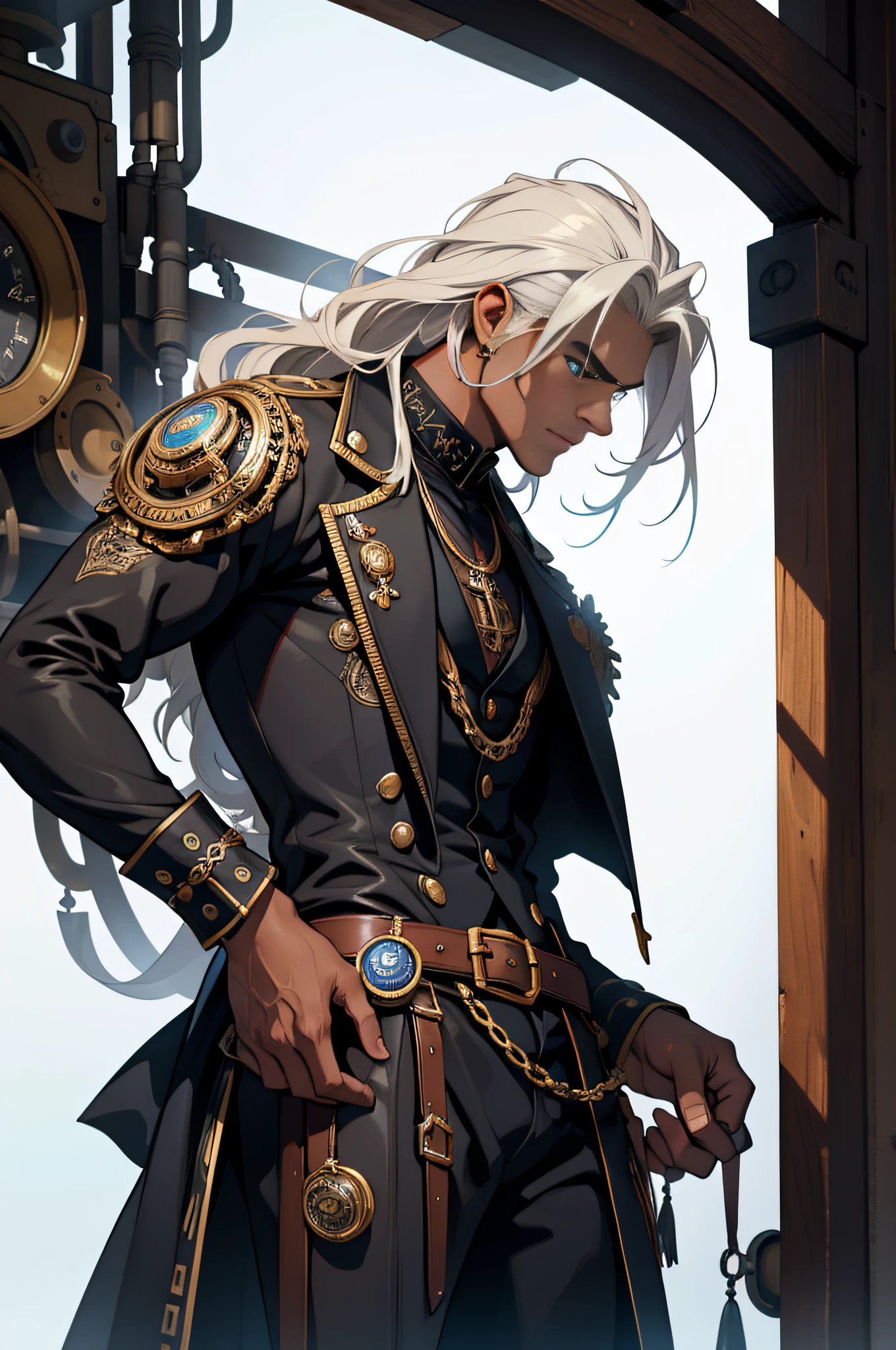 homem de pele negra, corpo magro, cabelos longos, roupas estilo steampunk, olhos brancos