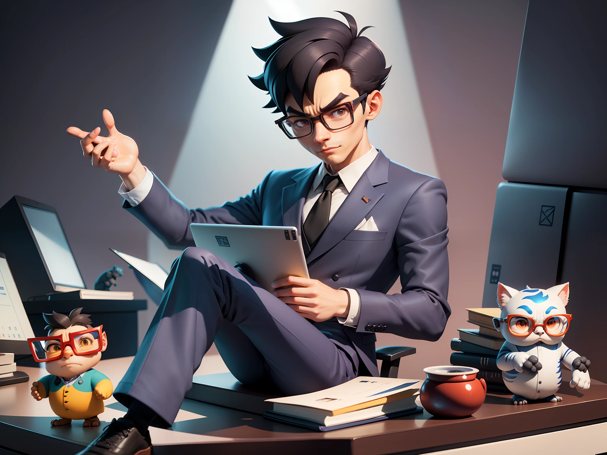 A young man in a suit and pants, Short hair and glasses sat at his desk,holding laptop,digitial painting,tigre,3D character design by Mark Clairen and Pixar and Hayao Miyazaki and Akira Toriyama,4K HD illustration,Very detailed facial features and cartoon-style visuals。