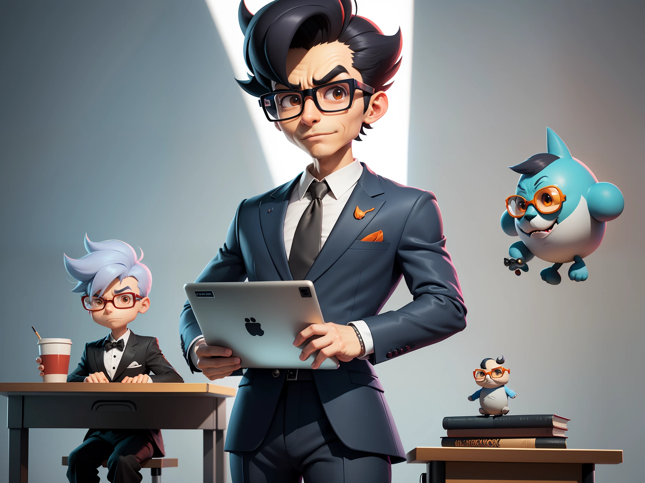 A young man in a suit and pants, Short hair and glasses sat at his desk，holding laptop，digitial painting，tigre，3D character design by Mark Clairen and Pixar and Hayao Miyazaki and Akira Toriyama，4K HD illustration，Very detailed facial features and cartoon-style visuals。