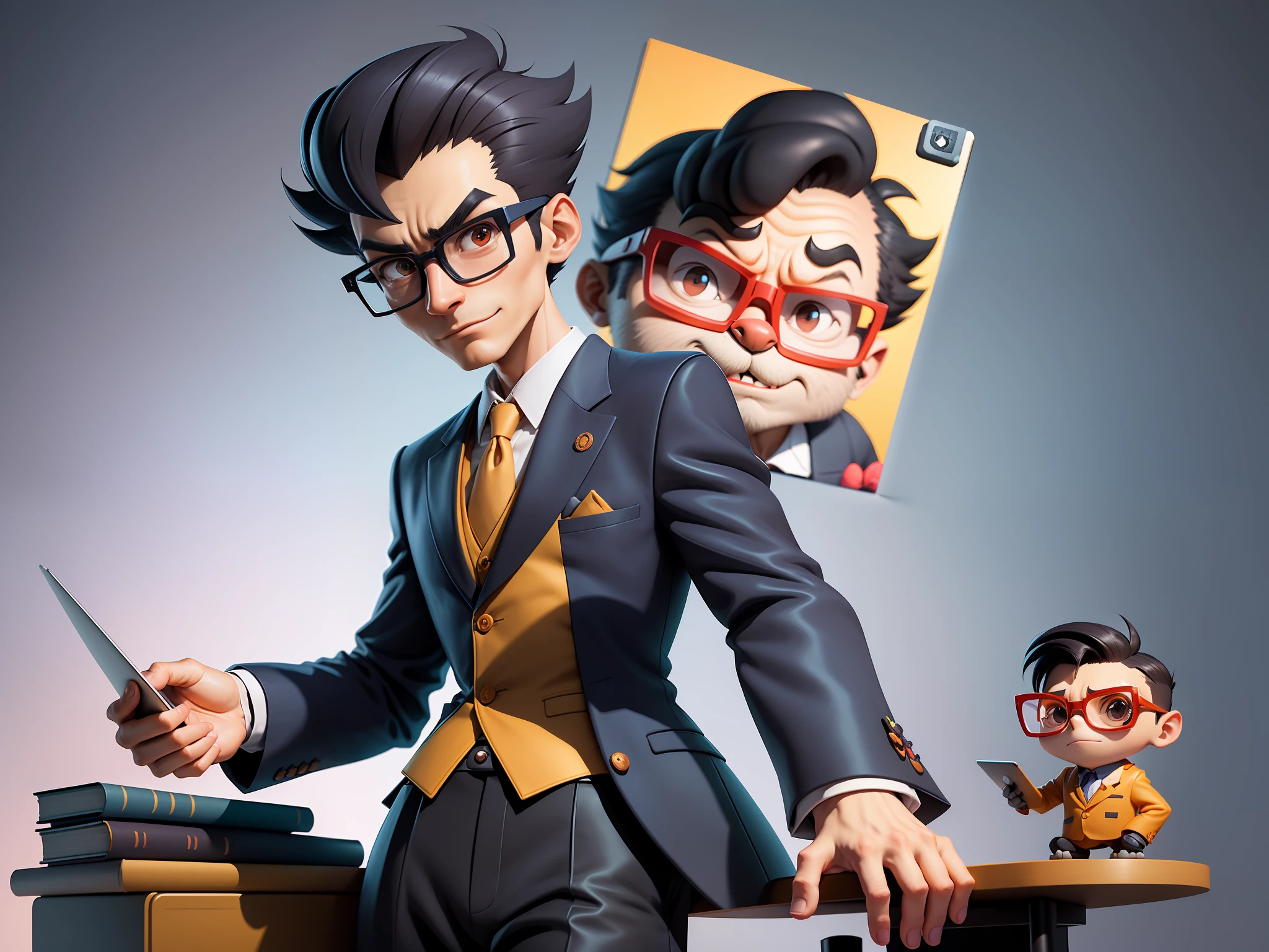 A young man in a suit and pants, Short hair and glasses sat at his desk，holding laptop，digitial painting，tigre，3D character design by Mark Clairen and Pixar and Hayao Miyazaki and Akira Toriyama，4K HD illustration，Very detailed facial features and cartoon-style visuals。