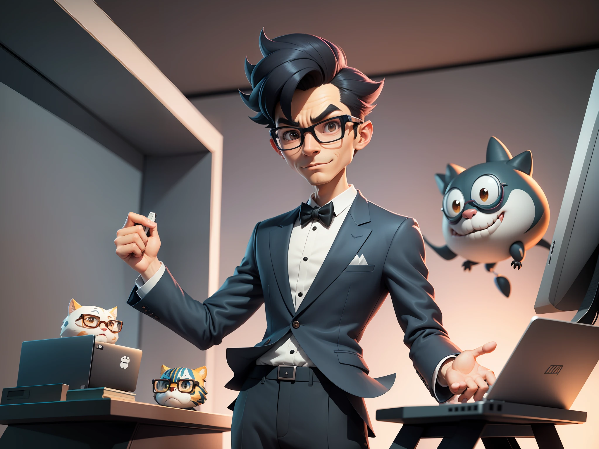 A young man in a suit and pants, Short hair and glasses sat at his desk，holding laptop，digitial painting，tigre，3D character design by Mark Clairen and Pixar and Hayao Miyazaki and Akira Toriyama，4K HD illustration，Very detailed facial features and cartoon-style visuals。