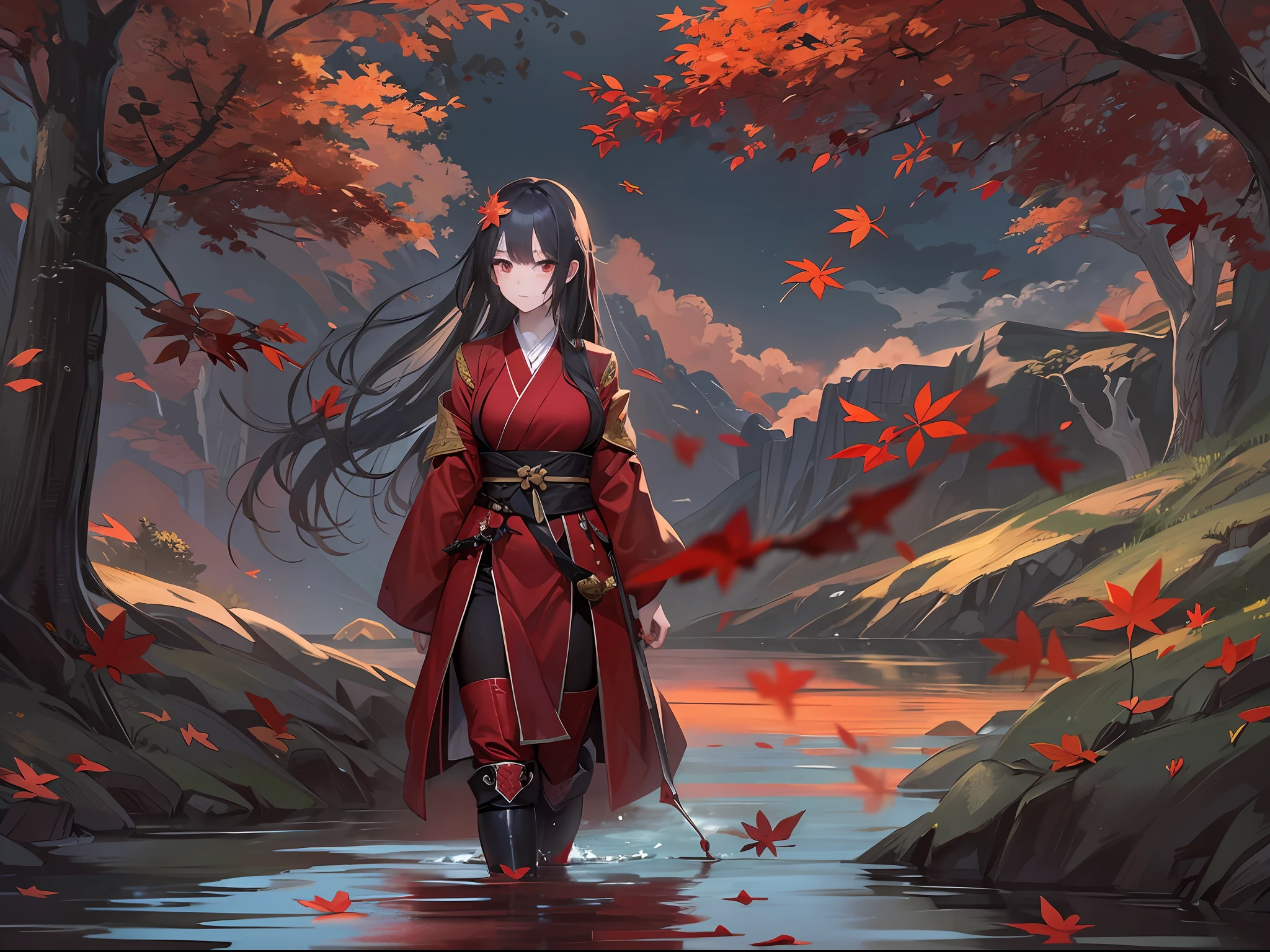 a beautiful and cute female walks beside the lake in the mountain, the surface of the lake show that the female's two charactor's sides, above the lake is her light and kind side, below the lake is her dark and haemophius side, she is a female ninja, a blood moon on the sky, blood filled under the lake, wonderful lake and awesome blood field, maple leaves,