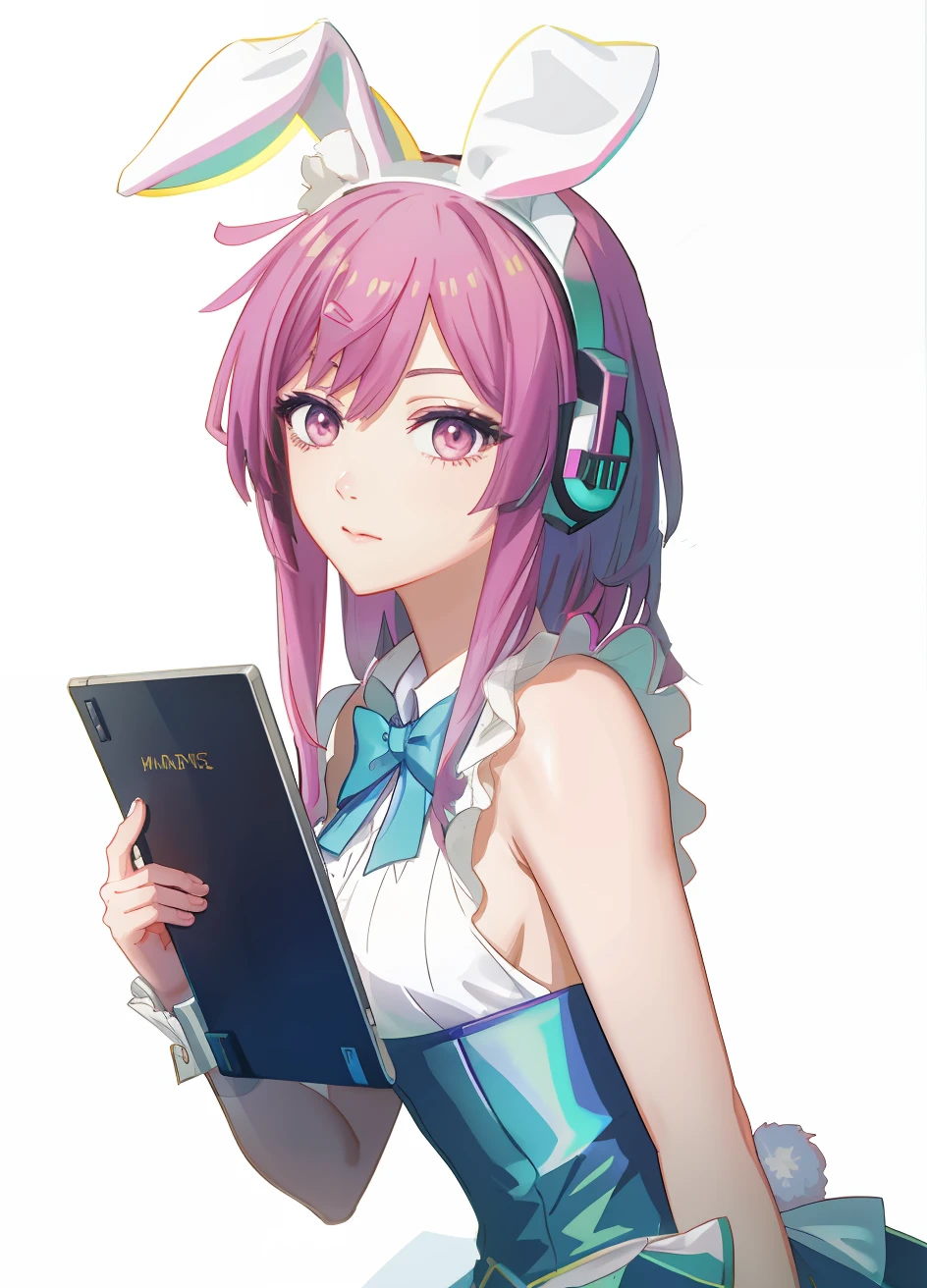 Anime girl holding tablet wearing headphones，Rabbit ears wear, with headphone, kda, Wearing a gaming headset,Wearing a gaming headset, Fine masterpiece，a beauty girl，4K masterpiece，grand master，Put on the dress of a delicate maid，