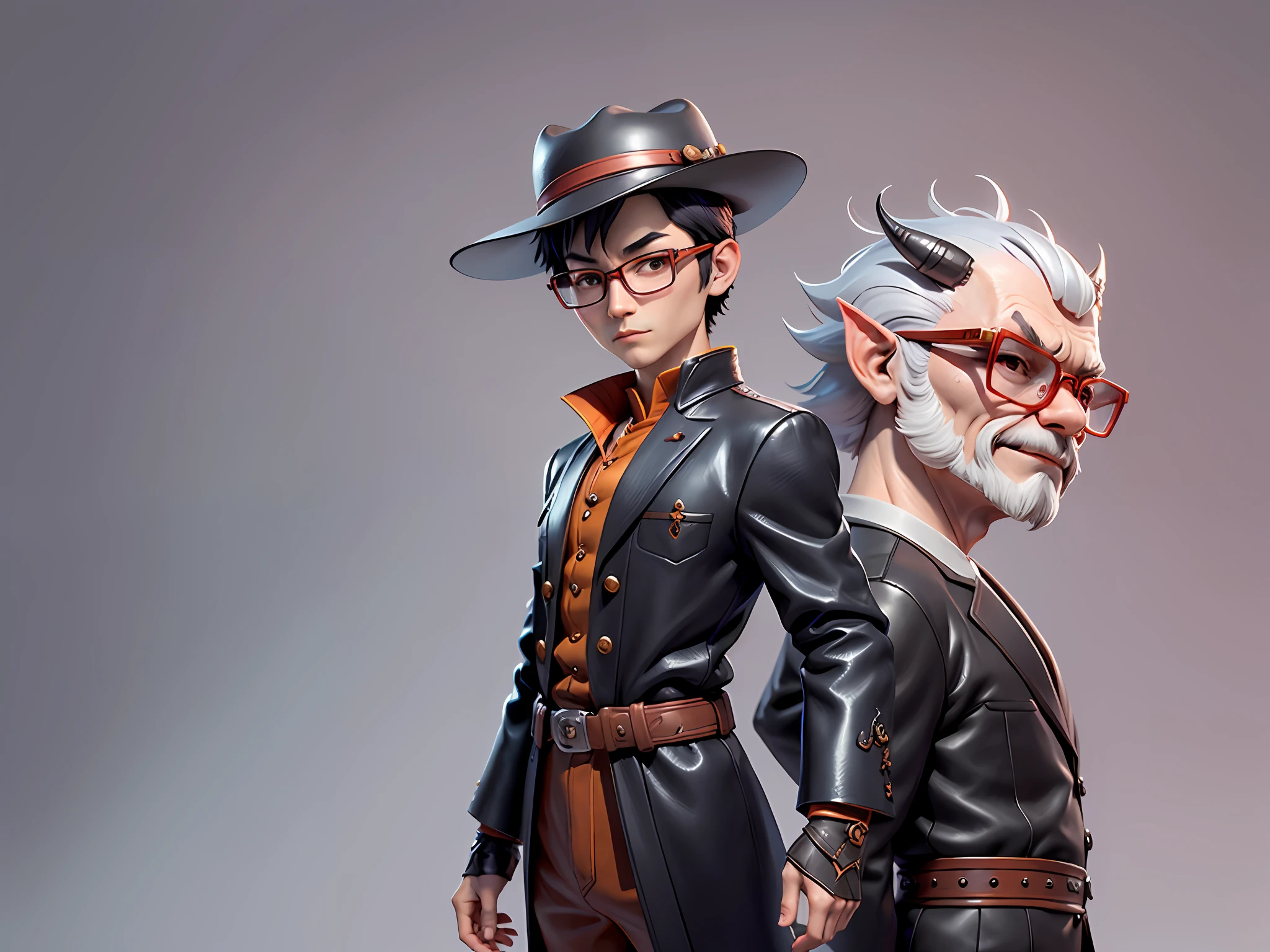 Young man with oriental face in leather hat, dragon, formal suit, short black hair, silver glasses, digital painting, 3D character design by Mark Clairedon and Pixar and Hayao Miyazaki and Akira Toriyama, the illustration is a high-definition illustration in 4K resolution with very detailed facial features and cartoon-style visuals.