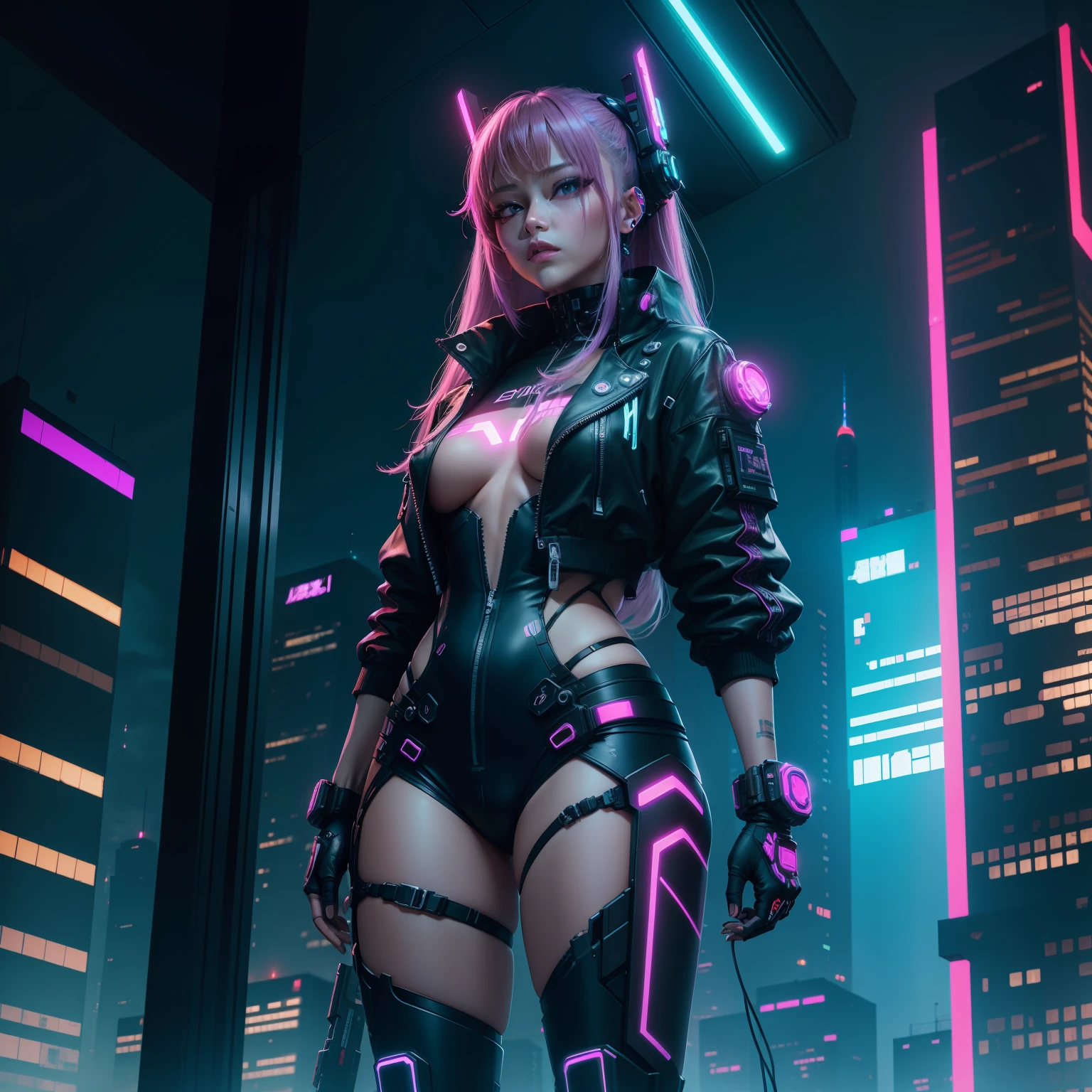 Cyberpunk AI Neon Fashion、nigh sky skyscraper