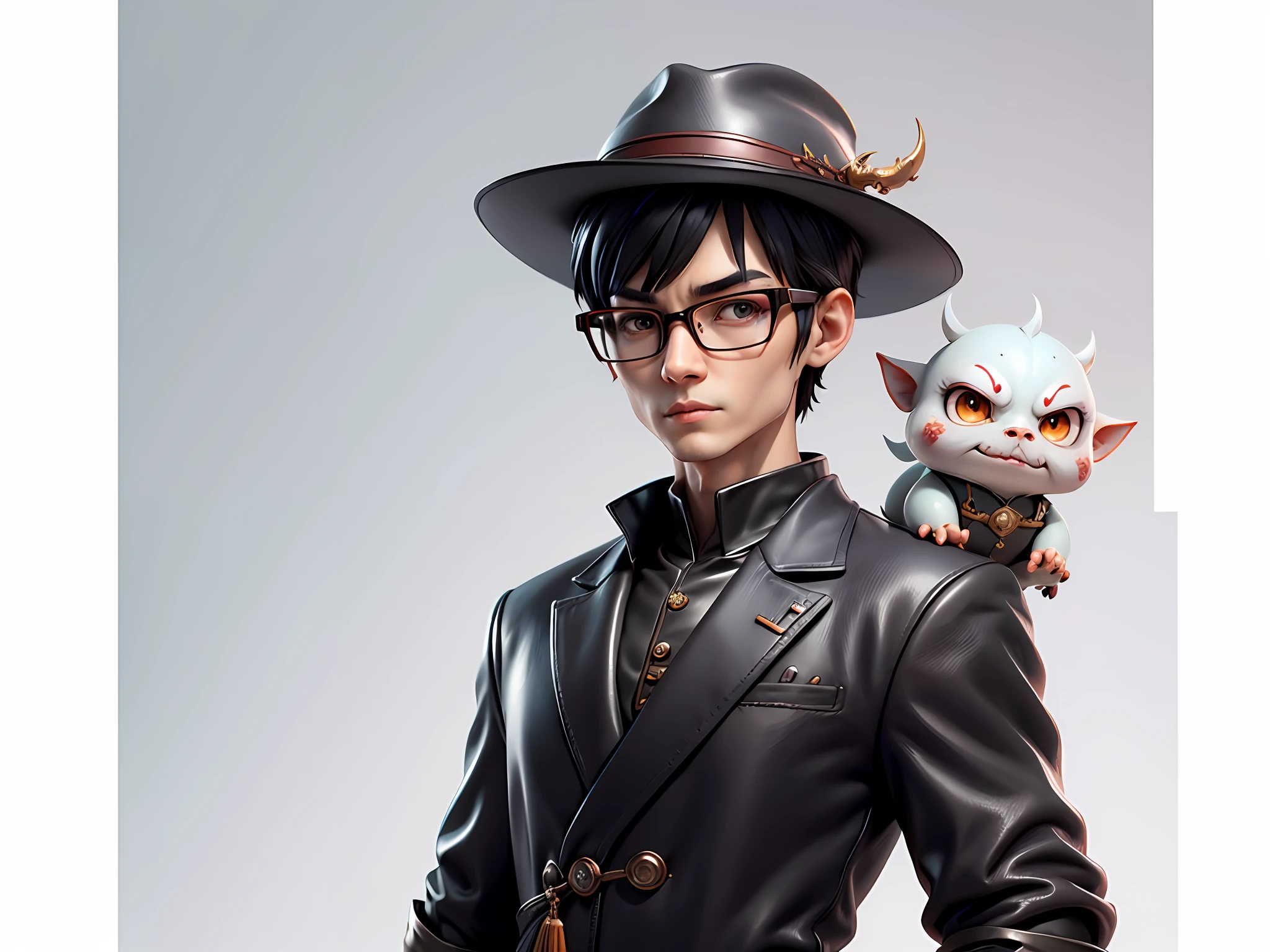 Young man with oriental face in leather hat, dragon, formal suit, short black hair, silver glasses, digital painting, 3D character design by Mark Clairedon and Pixar and Hayao Miyazaki and Akira Toriyama, the illustration is a high-definition illustration in 4K resolution with very detailed facial features and cartoon-style visuals.