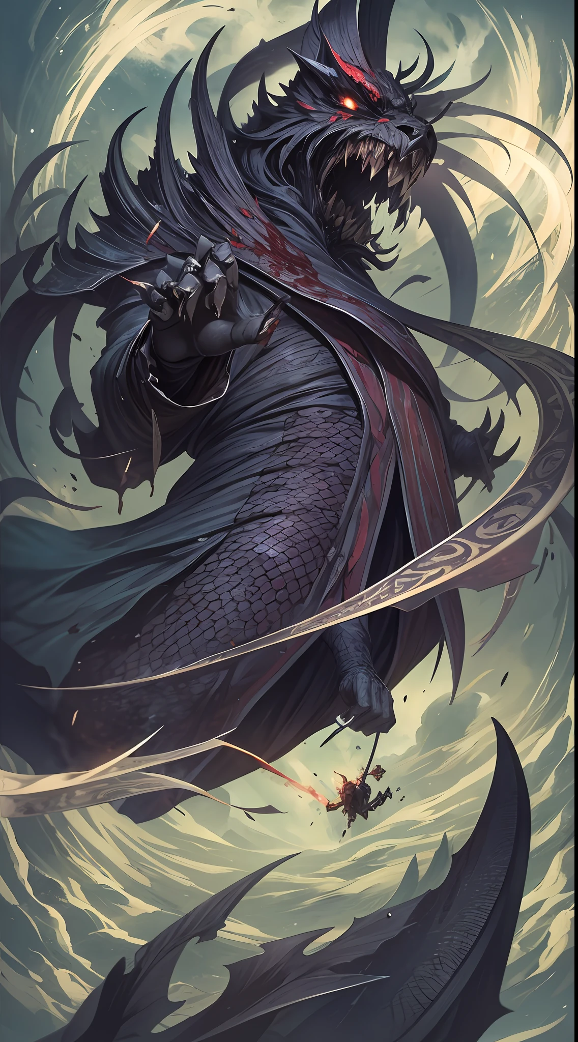 (Messenger from hell:1.4),Look up from the bottom up,Sense of oppression,hell,magma,火焰,(Purple flame:1.3),((Super huge, Thick and sharp giant claws)),(((Black antique hideous scales))),(((The scales are covered with thick barbs)))((Super thick and terrifying scales)),Wrap the whole body,((Bloodthirsty and murderous devil man)),combats,Ugly face,full body pov,Black lightning streaked across the sky,(((A tumbling thick sea of clouds is at your feet))),(There was blood everywhere),((Blood dripped from between the paws))stereoscopic perspective,Works of masters,super-fine,4K分辨率,high qulity,电影灯光,High picture detail,Detailed pubic hair,Epic shooting