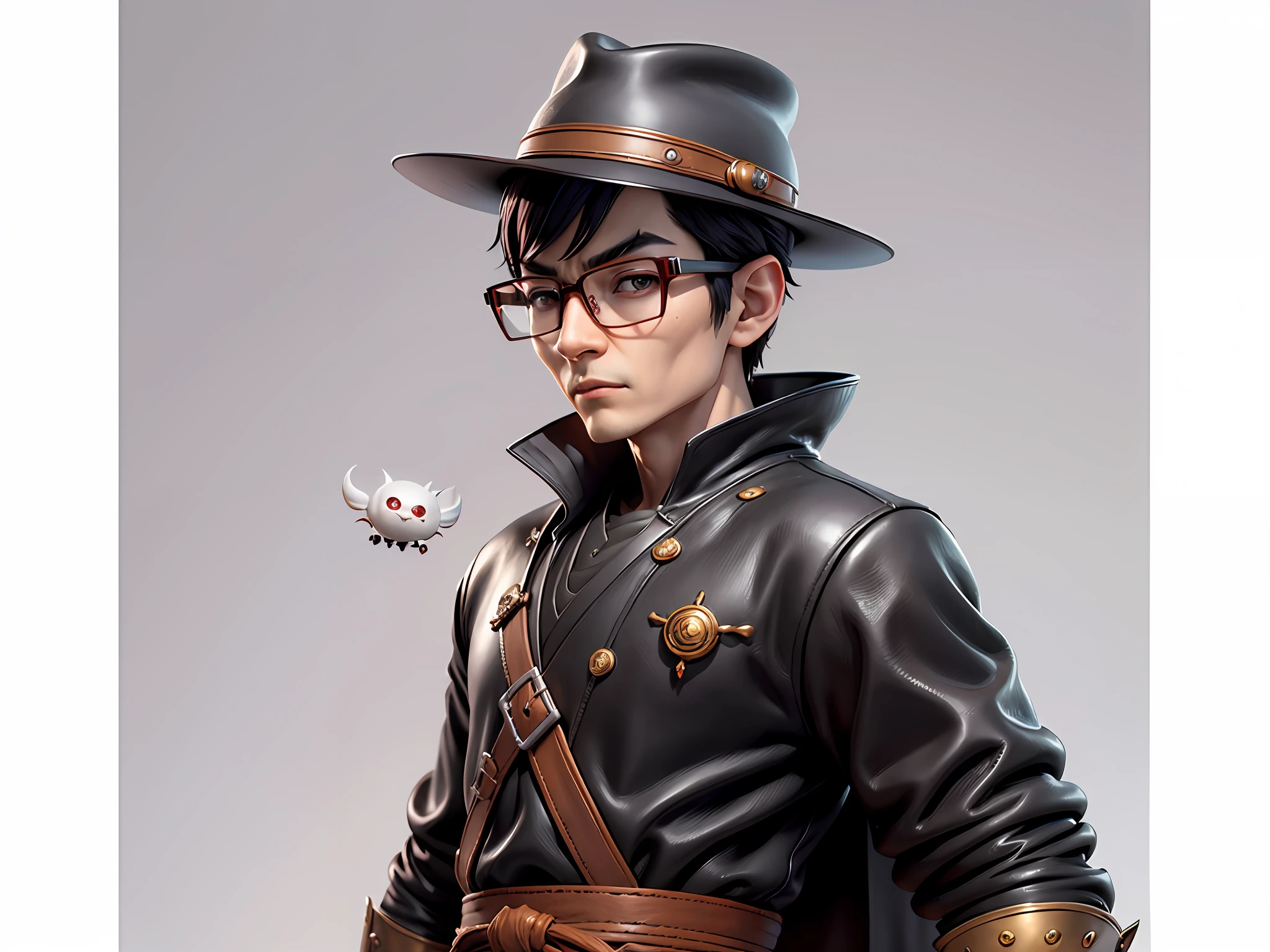 Young man with oriental face in leather hat, dragon, formal suit, short black hair, silver glasses, digital painting, 3D character design by Mark Clairedon and Pixar and Hayao Miyazaki and Akira Toriyama, the illustration is a high-definition illustration in 4K resolution with very detailed facial features and cartoon-style visuals.