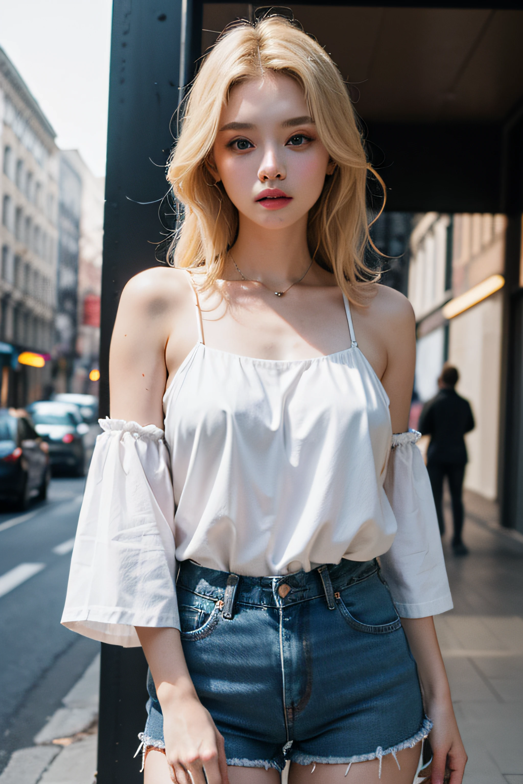 1girl, blond hair, blue eyes, wearing blouse, denim shorts, city, absurdres, high res, ultrasharp, 8K, masterpiece, looking at viewer