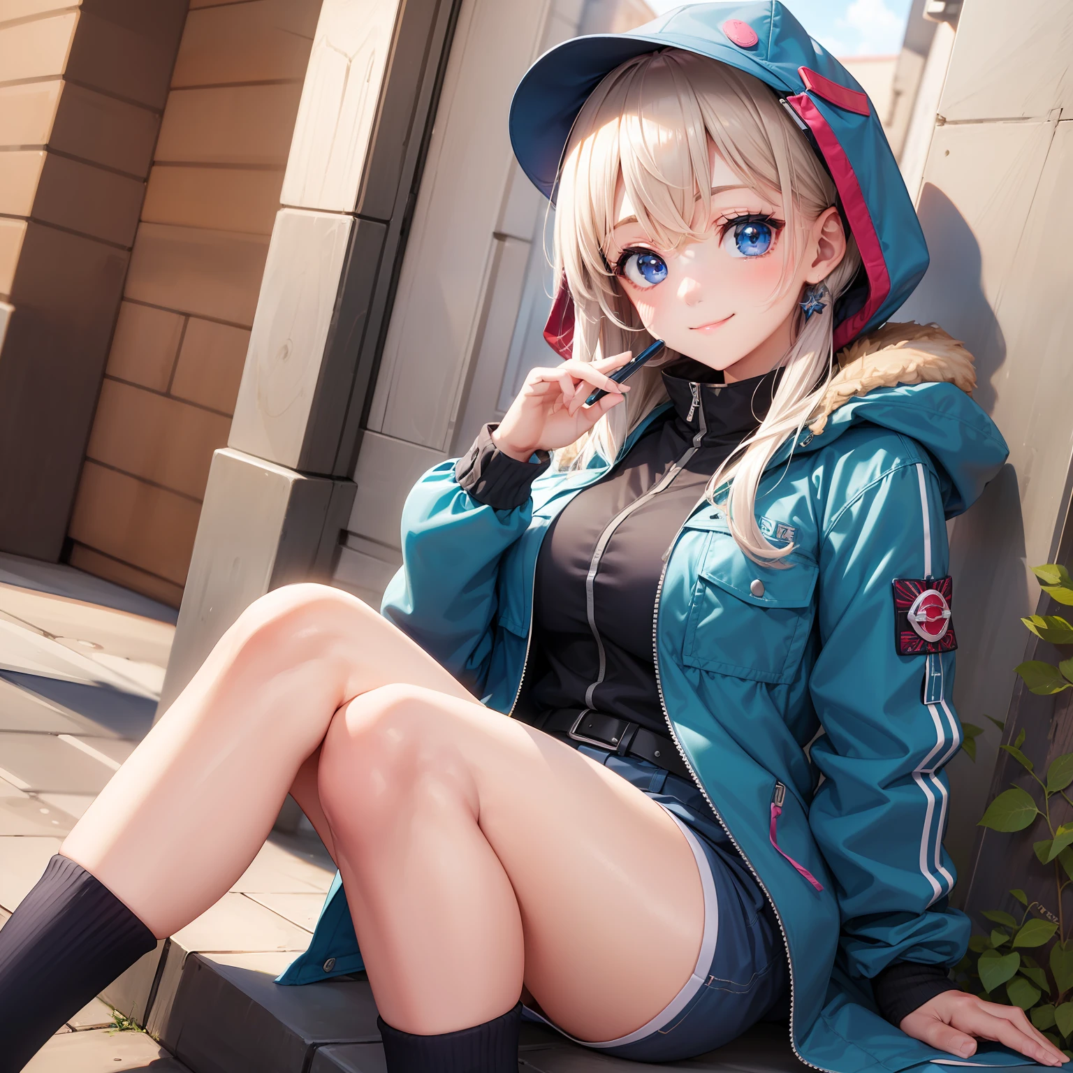 beautiful a girl　Huge　校服　a smile　smil　Long　超A high resolution　top-quality　a beauty girl　parka　blue eyess