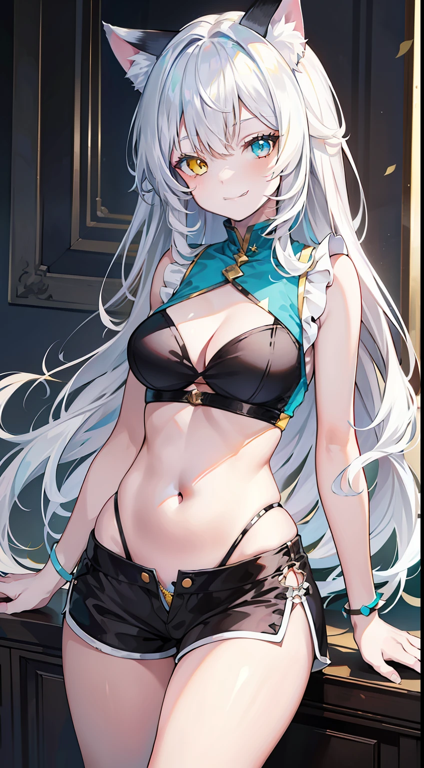 young girl, Long white hair, Cat's ears, Heterochromia, Yellow left and blue right eyes, tight turquoise top, Sleeveless, Shorts, open belly, White patterns on clothes, smirk, Daggers, Masterpiece, hiquality