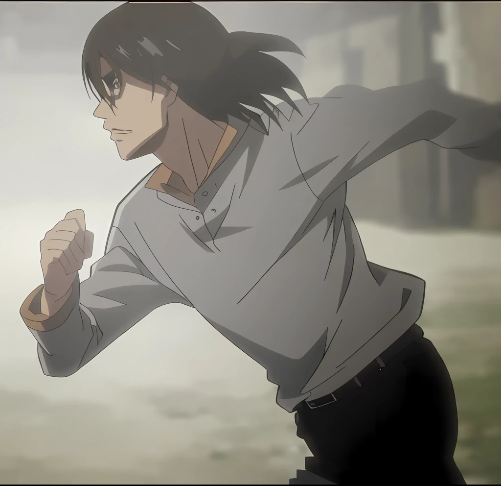 best quality, masterpiece, (realistic: 1.2), 1 man, Eren Jaeger, black jeans, black pants, brown hair, attack on Titan, cold background, black jacket, slim body, high definition, high quality, black clothes