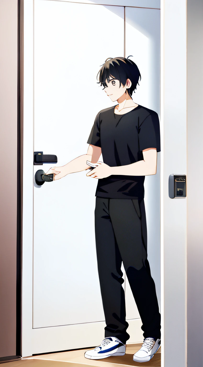 A man wearing clothes(black t-shirts,Long white pants)Open the door to the office
