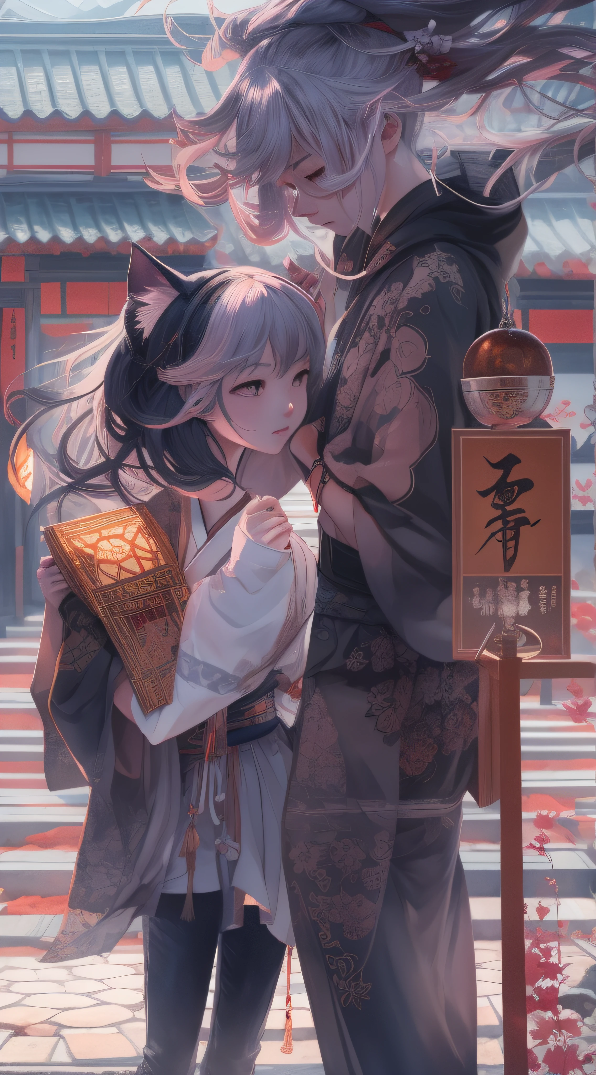 masterpiece、youkai、lad、Landscape with rusty shades、Old Japan landscape、kyoto、Meiji、Taisho、Taisho romance、stone pavement、Cats、top-quality、hightquality、Highly detailed CG Unity 8K wallpapers、art stations、Digital Illustration、with an intricate、trending、awardwinning photo、depth of fields、nffsw、chromatic abberation、真实感、A highly detailed、trends in the art station、CGsociety Trends、with an intricate、high detal、Dramatic、 8K, 16 K, top-quality, photon maping, Radio City, Photorealsitic, Elaborate CG, Physically Based Rendering, ultra realistic realistic textures, unrealengine5, motion angles、cinematlic lighting, Dramatic Writing, Professional Writing, artwork in the style of guweiz, guweiz masterpiece, guweiz, guweiz on artstation pixiv, by Yang J, in the art style of bowater, loish and wlop、