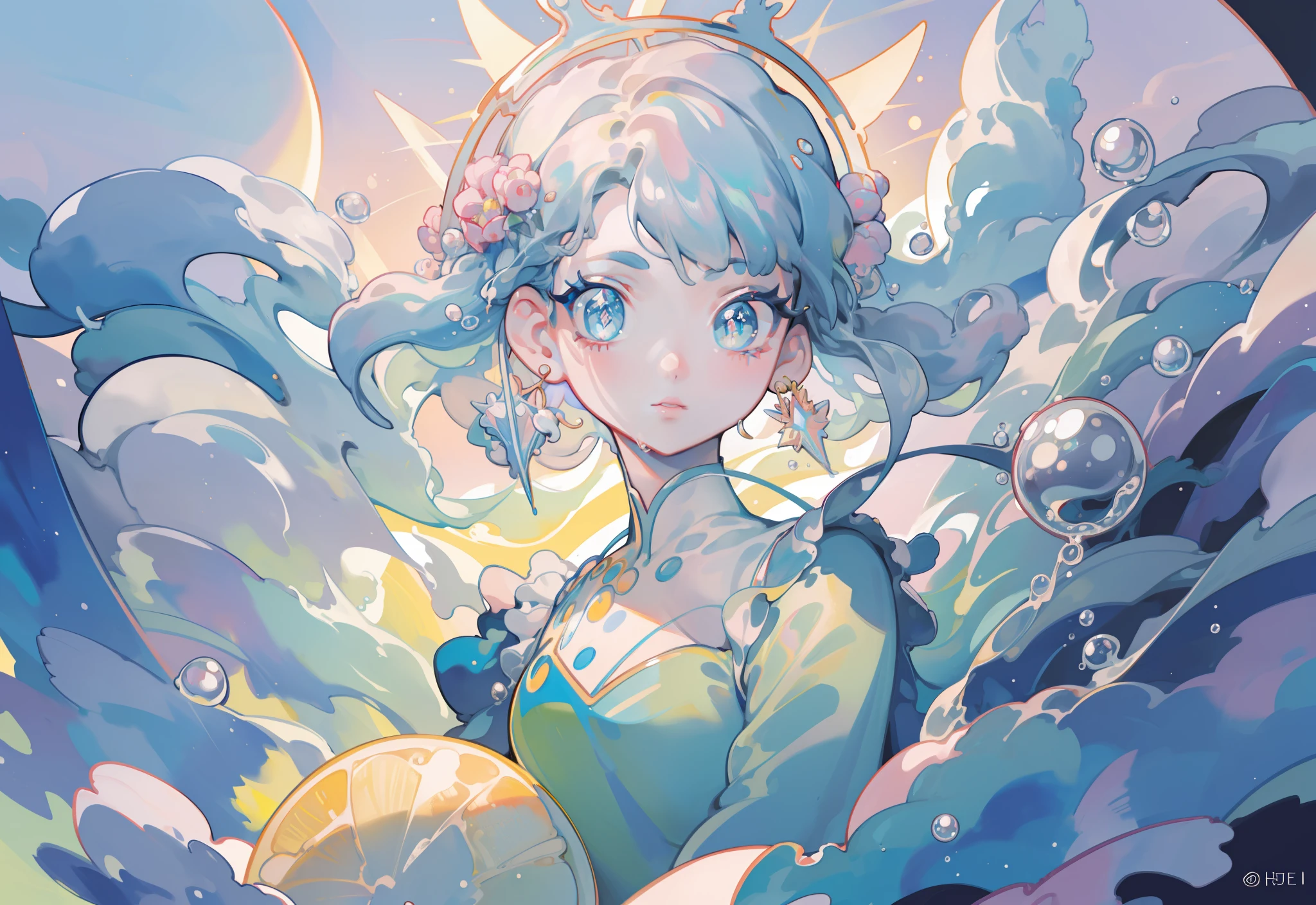 masterpiece, best quality, 8k resolution, sharp focus, intricate detail, beautiful girl, sparkling eyes, golden ratio face, otherworldly liquid, watercolor, pastel colors, bright colors, whimsical, colorful, sharp focus, high resolution, fine detail, liquid ballgown, ((round eyes))
