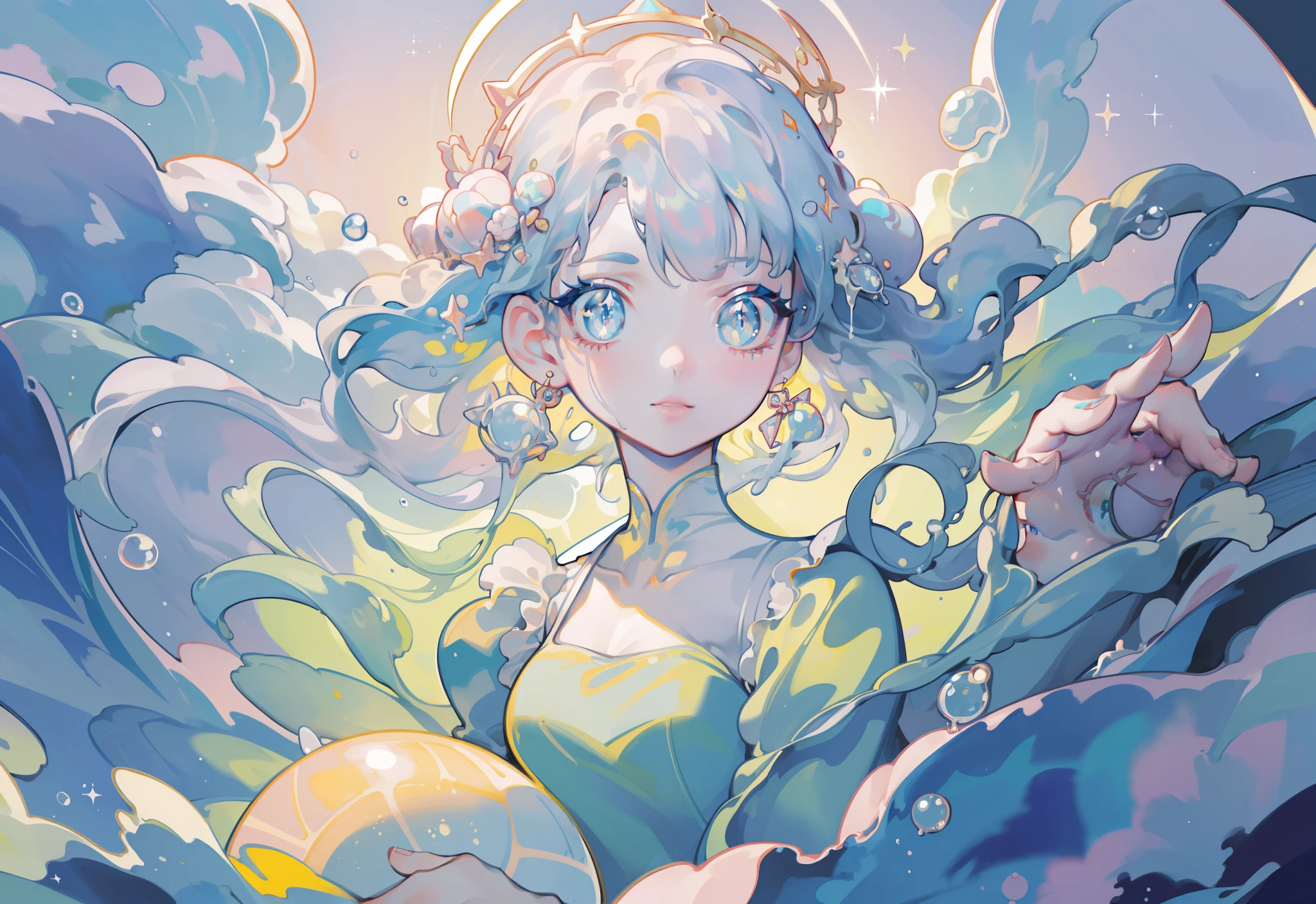 masterpiece, best quality, 8k resolution, sharp focus, intricate detail, beautiful girl, sparkling eyes, golden ratio face, otherworldly liquid, watercolor, pastel colors, bright colors, whimsical, colorful, sharp focus, high resolution, fine detail, liquid ballgown, ((round eyes))