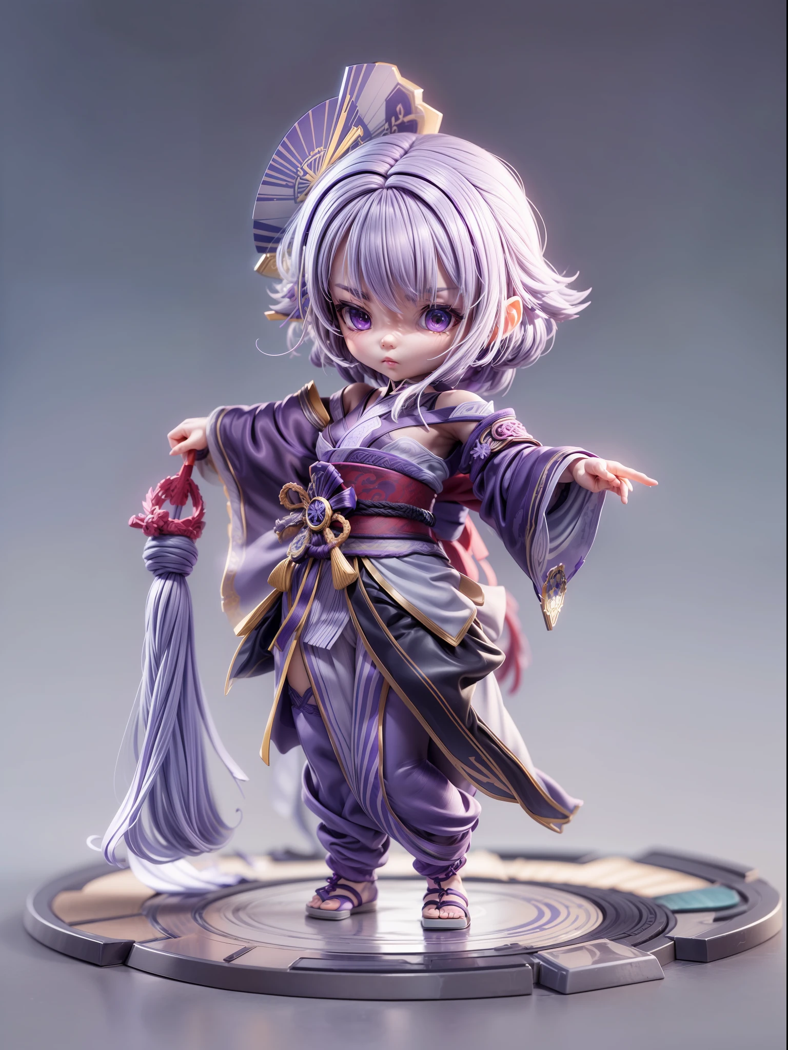 (Blind box toy style:1.3), ((Full body photo:1.5)) , 1 masterpiece, ((anatomy correct:1.4)),Best quality,,(((Raiden Shogun))) ((Genshin Impact)), 1 girl solo, big beatiful eyes,Slim little kimono,Purple stockings,The clothes slipped off the shoulders,Expose the upper part of the chest, dreamy glow, Clean, Purple clean background ,(circular base:1.3)( Global illumination, Ray traching, hdr, unreal render,reasonable design, high detal, Masterpiece, Best quality, hyper HD, Cinematic lighting)