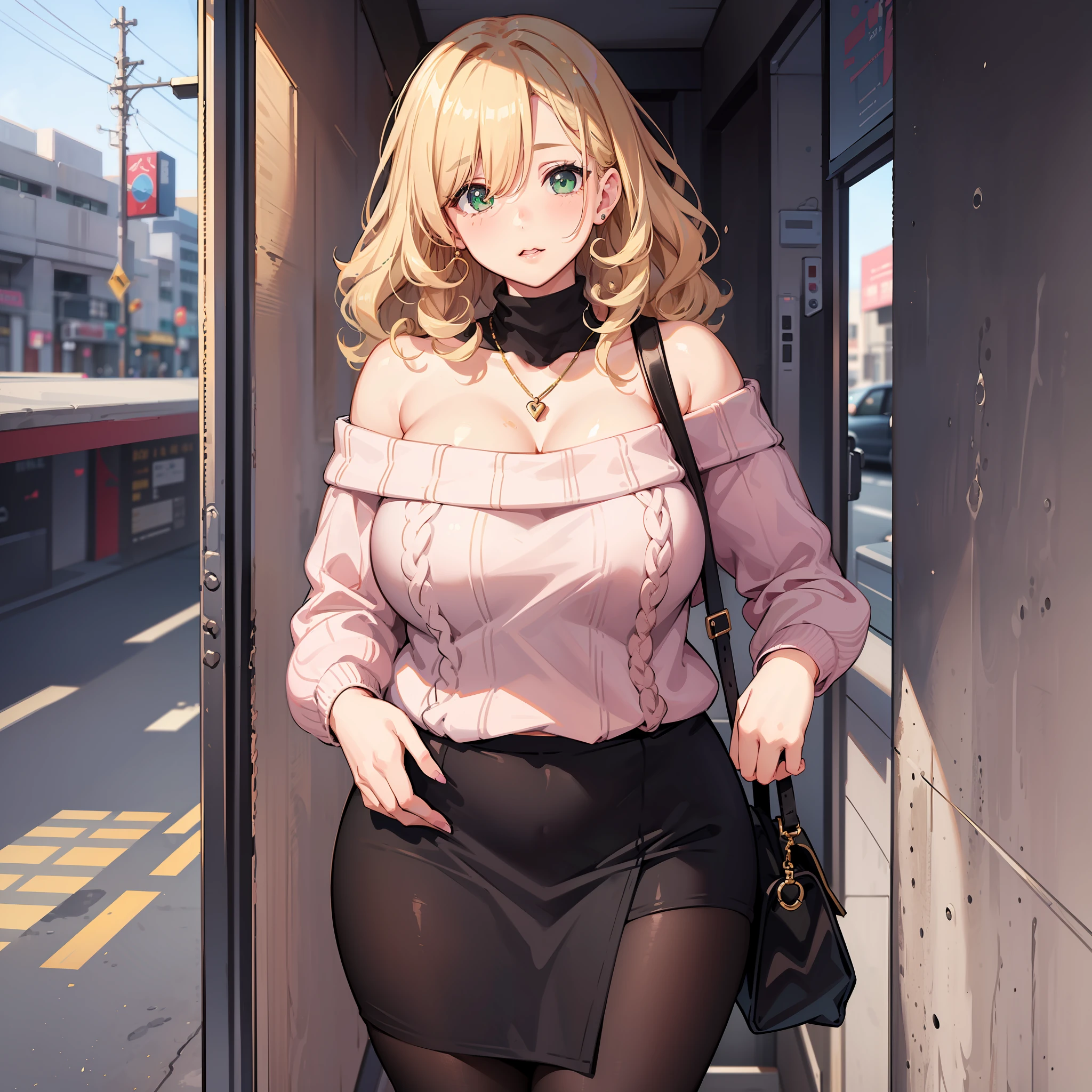 blonde hair, 1girl, curly hair, medium hair, green eyes, soft smile, hair over one eye, pink sweater, off shoulder sweater, black skirt, half body portrait, pink nails, (chubby:1.5), black stockings, small breasts, shoulder length hair, bangs over one eye, basic background, standing, nervous, solo