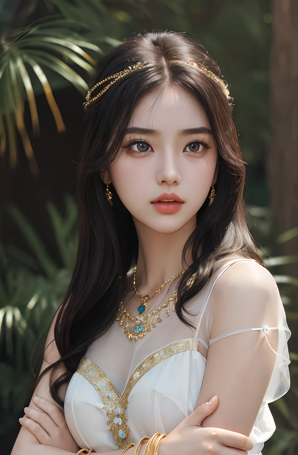 2girls,duo,8K Raw photograph,超高分辨率, filmgrain, filmg,view the viewer, Natural skin texture,Realistic eye and face details,((Realistic:1.5)),Ulzzang-6500:1.4,((Best quality)), ((Masterpiece)),((Detailed)),{2 beautiful women}, (Upper body:1.3),Hug and touch each other, Tease your friend's waist, Breathless friends, Biting a friend's earlobe, crouched,super wide shot,Face focus, Long legs,Curvy, Barefoot,Wide hips, Thin legs, Oversized eyes,Long eyelashes, (Detailed face,beautidful eyes, detailedpupils,detailed clothes features, Clear background:1.3), (armlets, bangle:1.3),bright detail,Sharp,Perfect compounding, Intricate, Sharp focus, Dramatic,