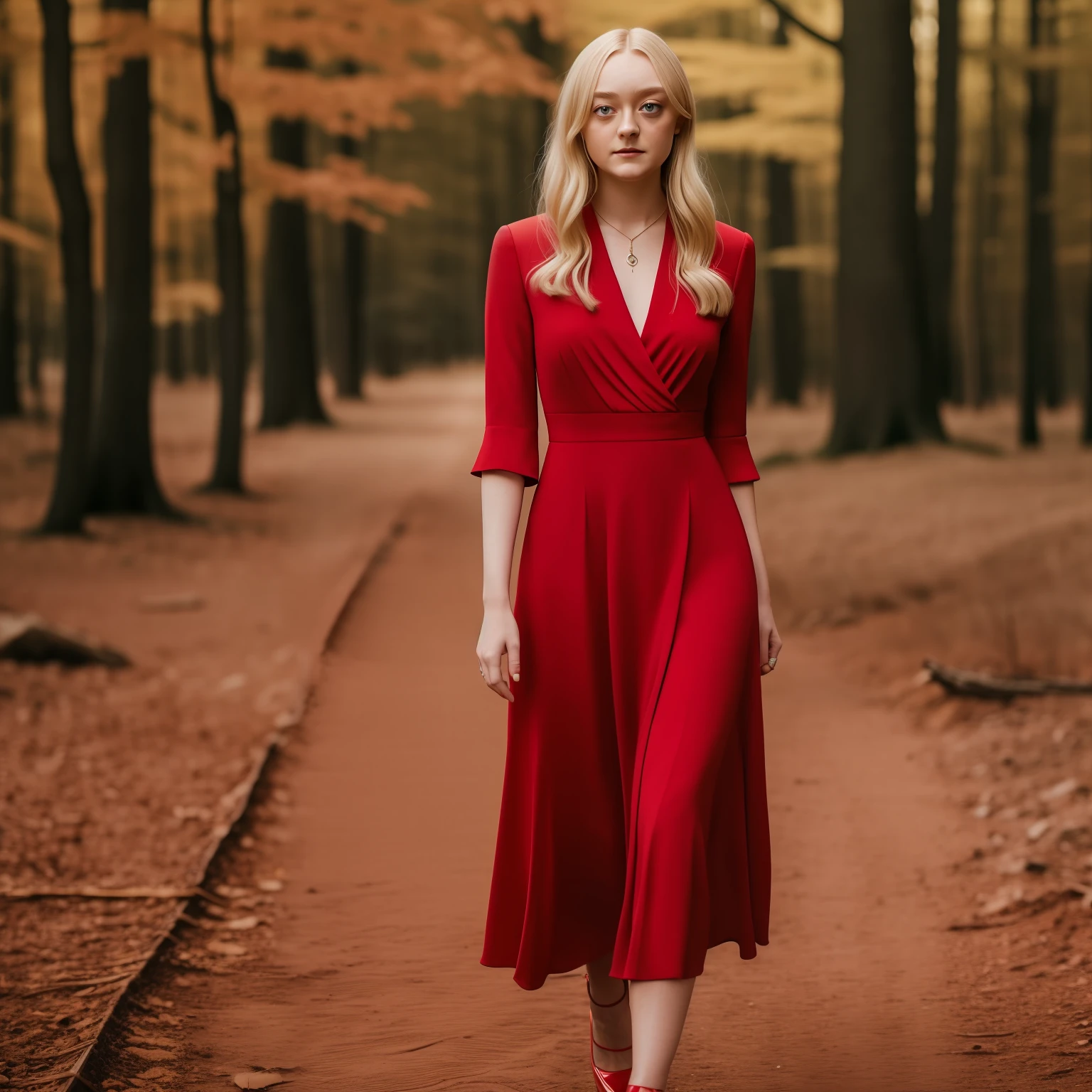 blond woman in red dress, standing, full body, dakota fanning, soft portrait shot 8 k, female portrait, james jean soft light 4k, james jean soft light 4 k, a still of an ethereal