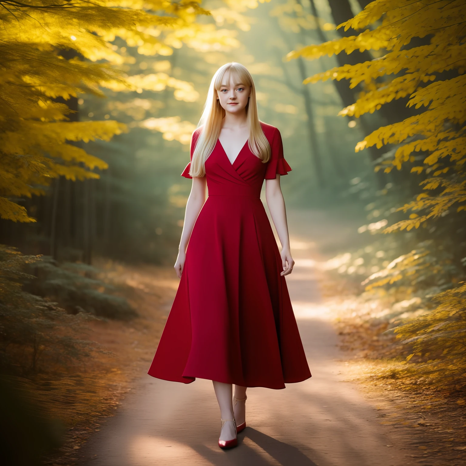 blond woman in red dress, standing, full body, dakota fanning, soft portrait shot 8 k, female portrait, james jean soft light 4k, james jean soft light 4 k, a still of an ethereal