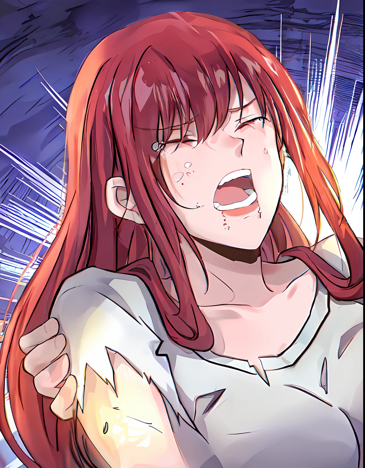 Anime girl with red hair and white shirt, makise kurisu, kurisu makise, rias gremory, gapmoe yandere, kurisu makise steins gate anime, screaming in pain, ikki tousen, monika, iwakura lain, crying and reaching with her arm, close up iwakura lain