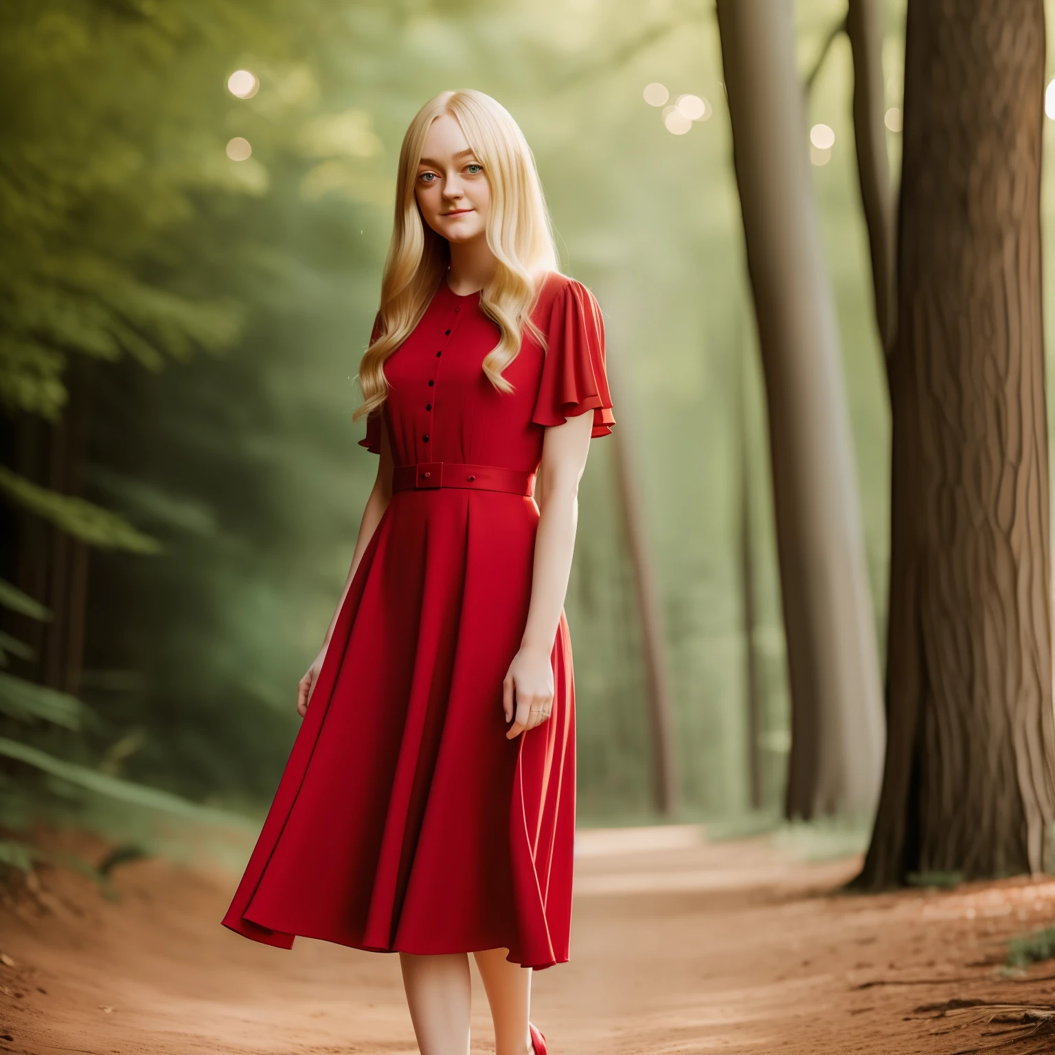 blond woman in red dress, standing, full body, dakota fanning, soft portrait shot 8 k, female portrait, james jean soft light 4k, james jean soft light 4 k, a still of an ethereal