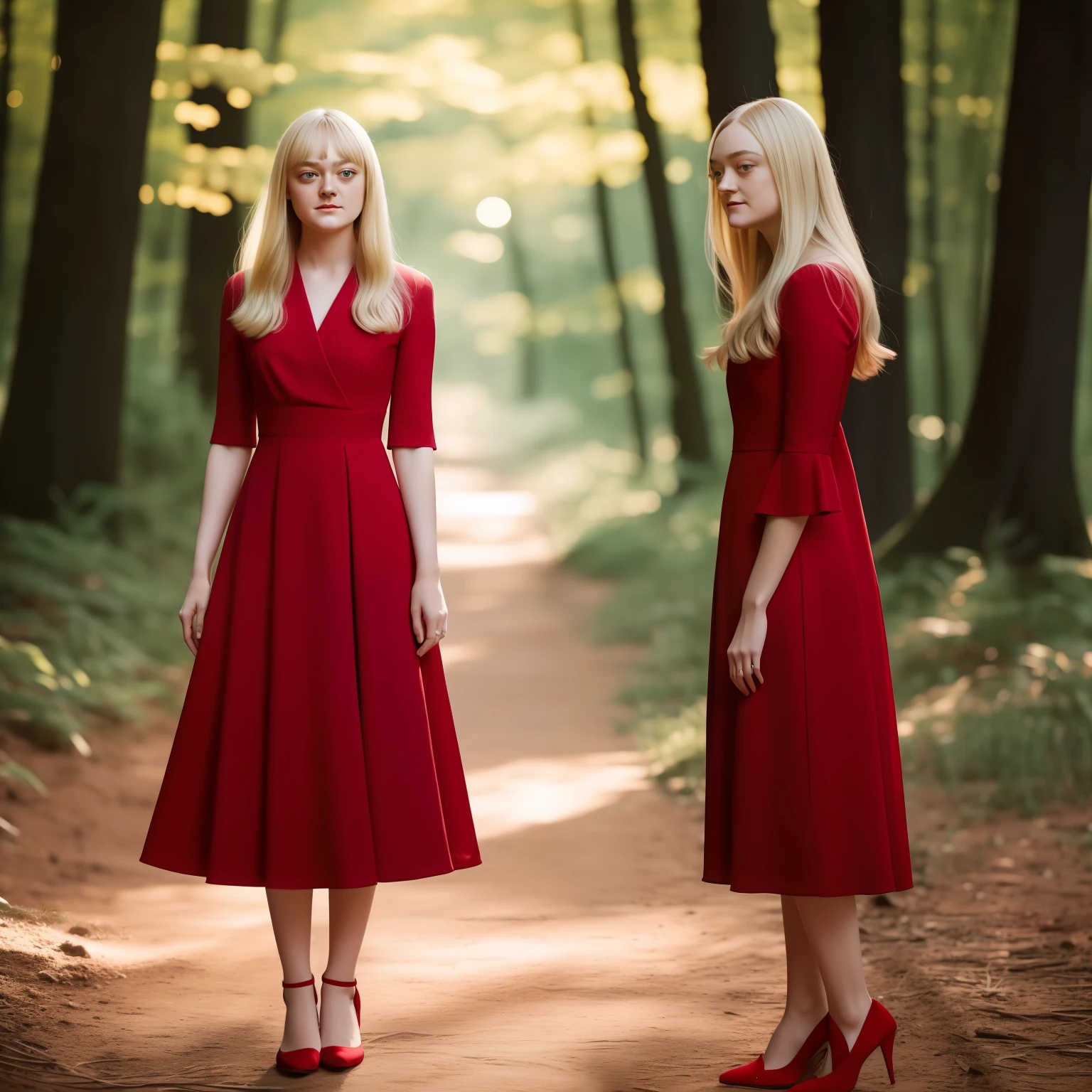 blond woman in red dress, standing, full body, dakota fanning, soft portrait shot 8 k, female portrait, james jean soft light 4k, james jean soft light 4 k, a still of an ethereal