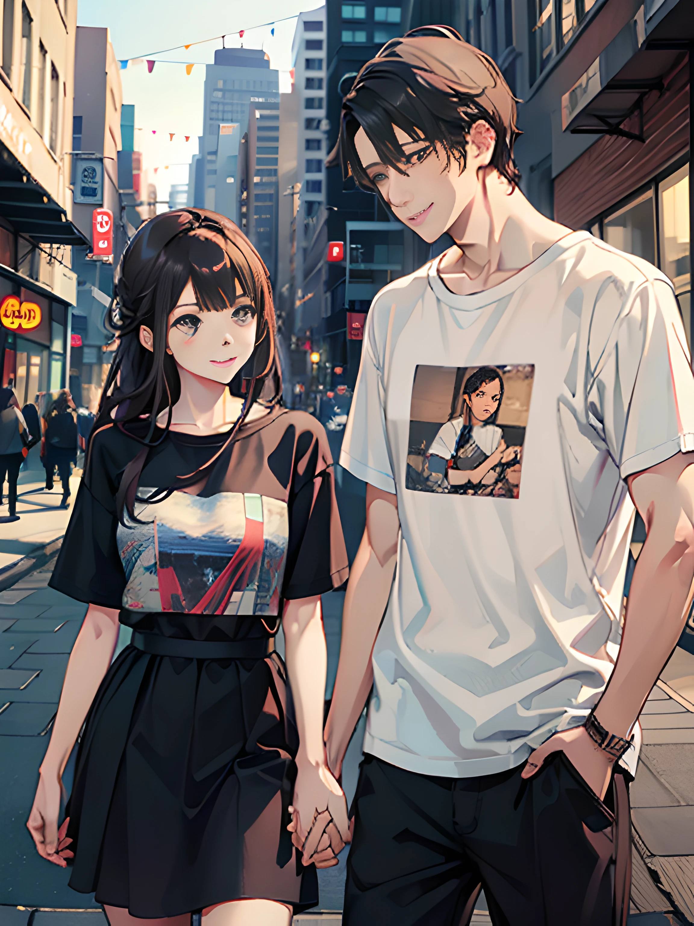 masterpiece, best quality, 2others, couple, 1man with 1woman, mature, adult, Height difference, different fashion, different color, finely detailed eyes and detailed face, intricate details, casual clothes, oversized shirt, modern urban street, holding hands, smile, happy, love